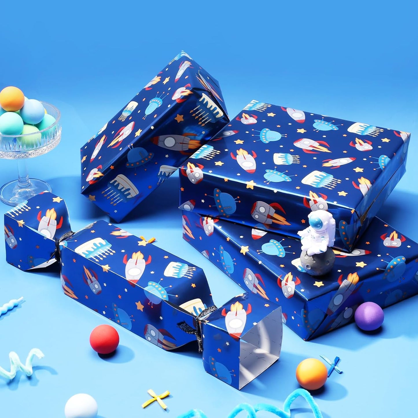 LaRibbons Space Wrapping Paper Mini Roll, Blue Spaceship and Birthday Cake Design with Metallic Foil Shine, Perfect for Kids and Boys Birthdays, 17" x 33' (46.7 sq. ft.)