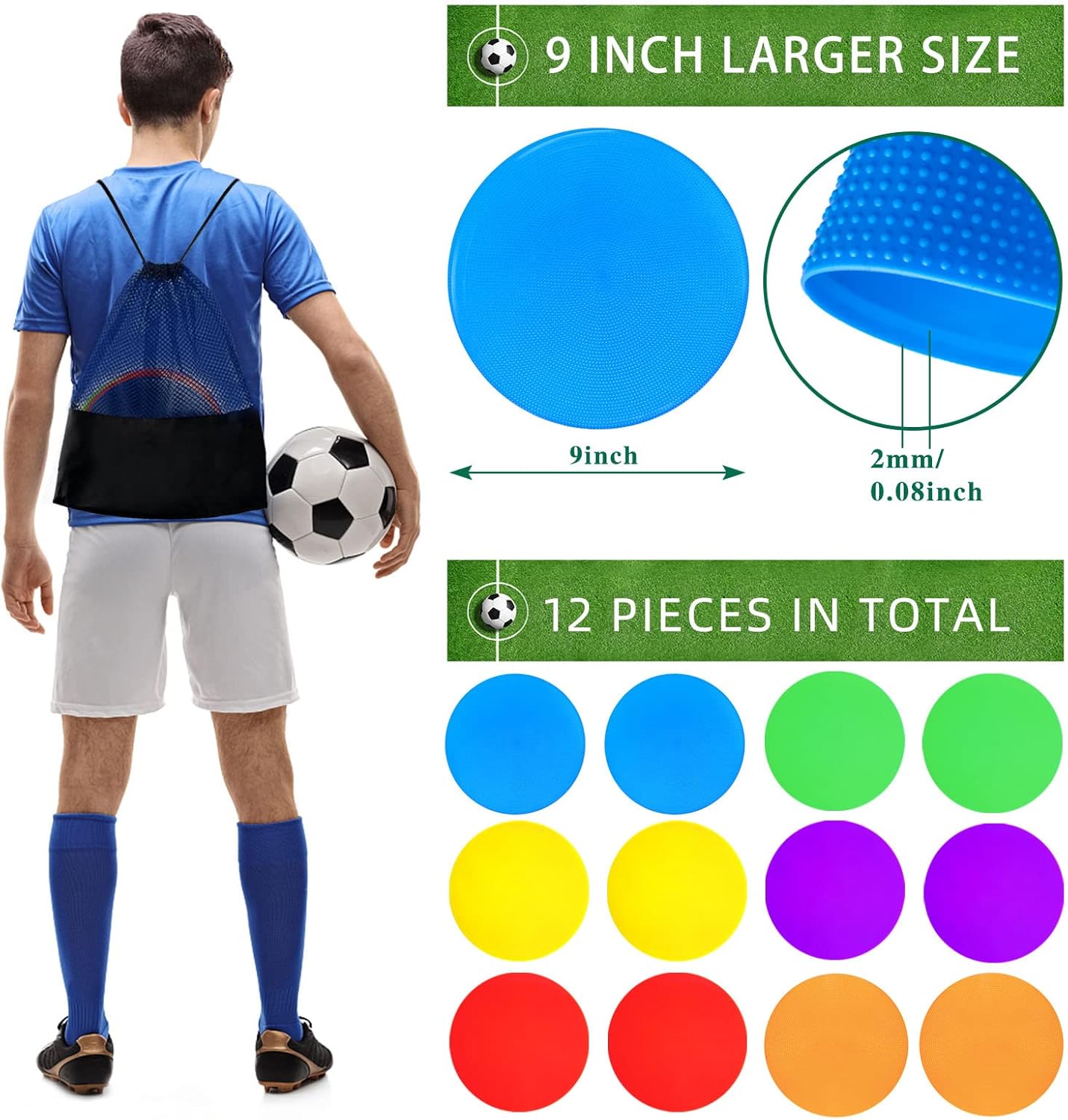 Poly Spot Markers 9 inch Non-Slip Rubber Agility Training Markers Floor Dots Flat Field Cones for Football, Soccer, Basketball, School Exercise Drills, Dance Practice