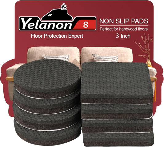 Yelanon Non Slip Furniture Pads - 8pcs (4 Round + 4 Square) 3" Rubber Furniture Pads for Hardwood Floors, Anti Skid Stoppers to Prevent Sliding, Floor Protectors for Furniture Legs