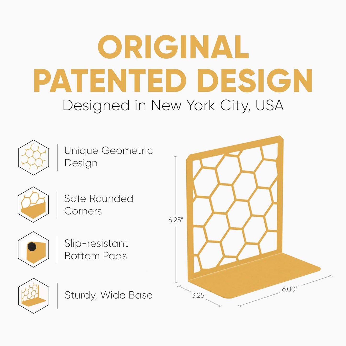 GEOMOD Geometric Honeycomb Gold Metal Bookends Decorative - Tall Sturdy Book Ends for Shelves - Modern Heavy Duty Bookend Stopper - Office or Home Book Shelf Book Holder - 6x3.25x6.25 Inches - 1 Pair