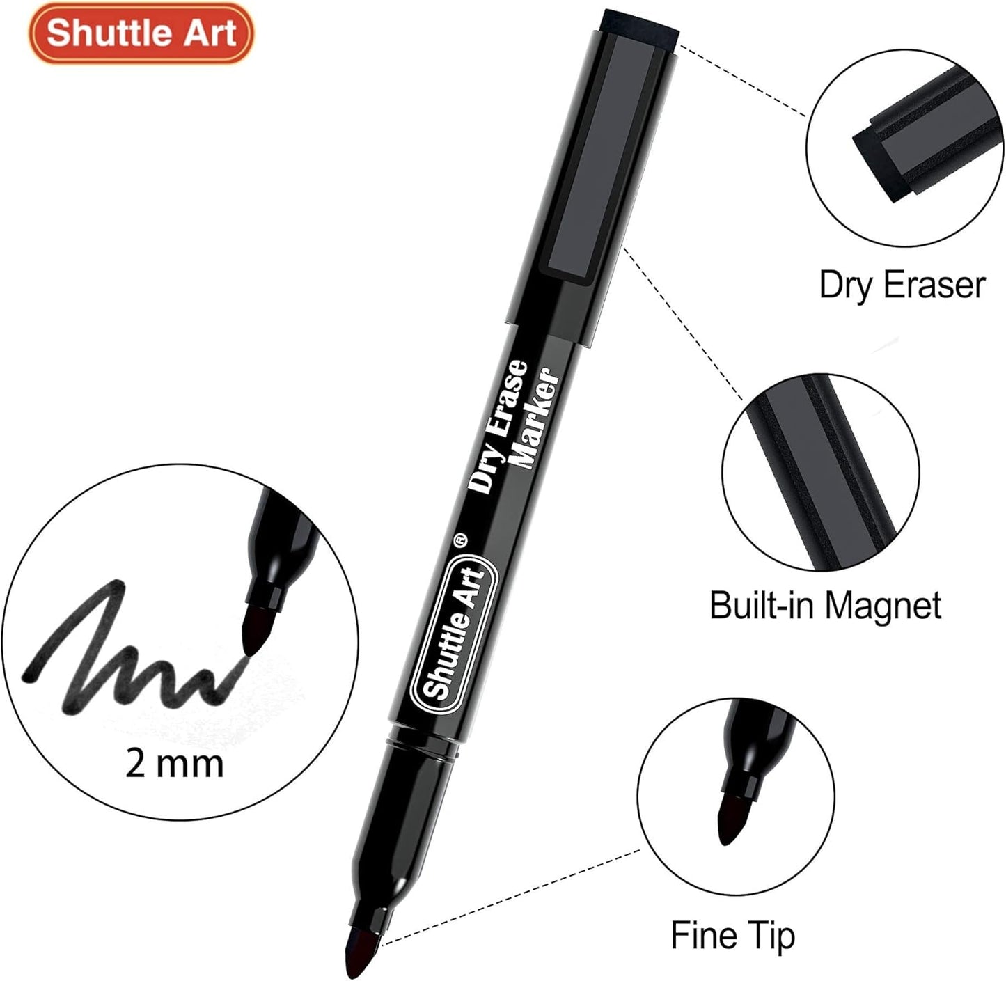 Shuttle Art Dry Erase Markers, 15 Pack Black Magnetic Whiteboard Markers with Erase,Fine Point Dry Erase Markers Perfect For Writing on Whiteboards, Dry-Erase Boards,Mirrors for School Office