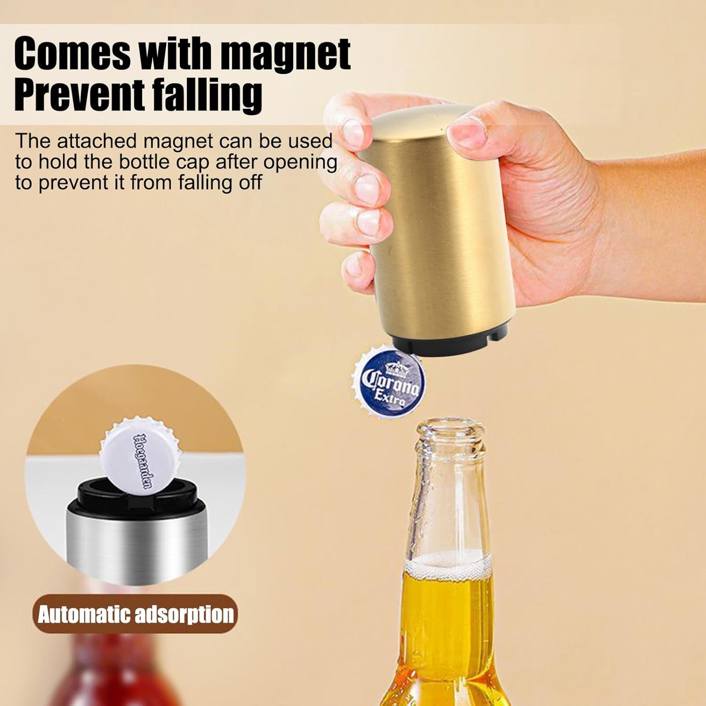 Push Down Bottle Opener,Automatic Beer Openers,Premium Bottle Opener Stainless Steel Bottle Cap Mover Magnetic Corkscrew, Beer Bar Accessories Gifts for Him BF,Can Openersfor Home Picnic (gold)