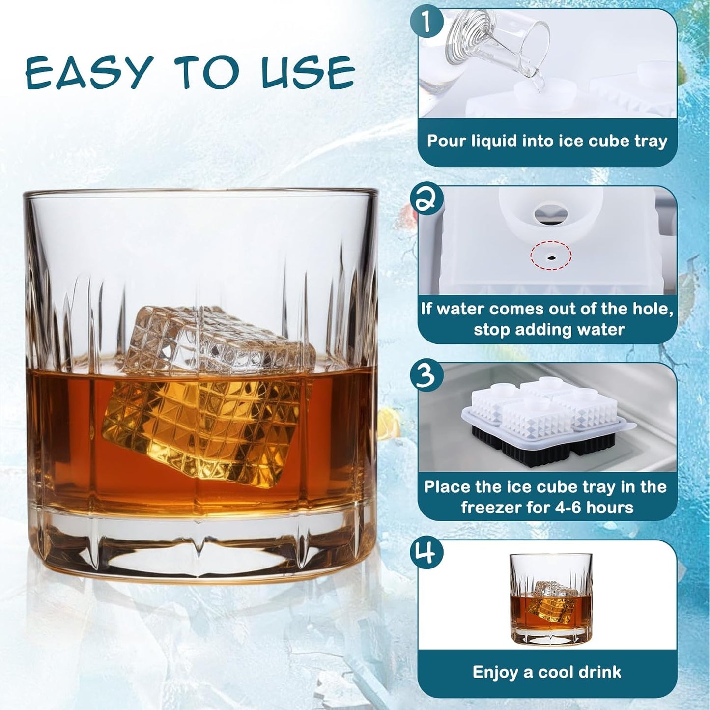 Hoolerry 2 Pcs Silicone Ice Cube Tray Large Square Sphere Golf Ice Tray 4 Hole Fun Shapes Big Ices Cube Mold with Funnel for Whiskey Cocktails Bourbon Chilling White Elephant Gifting(Round,Square)
