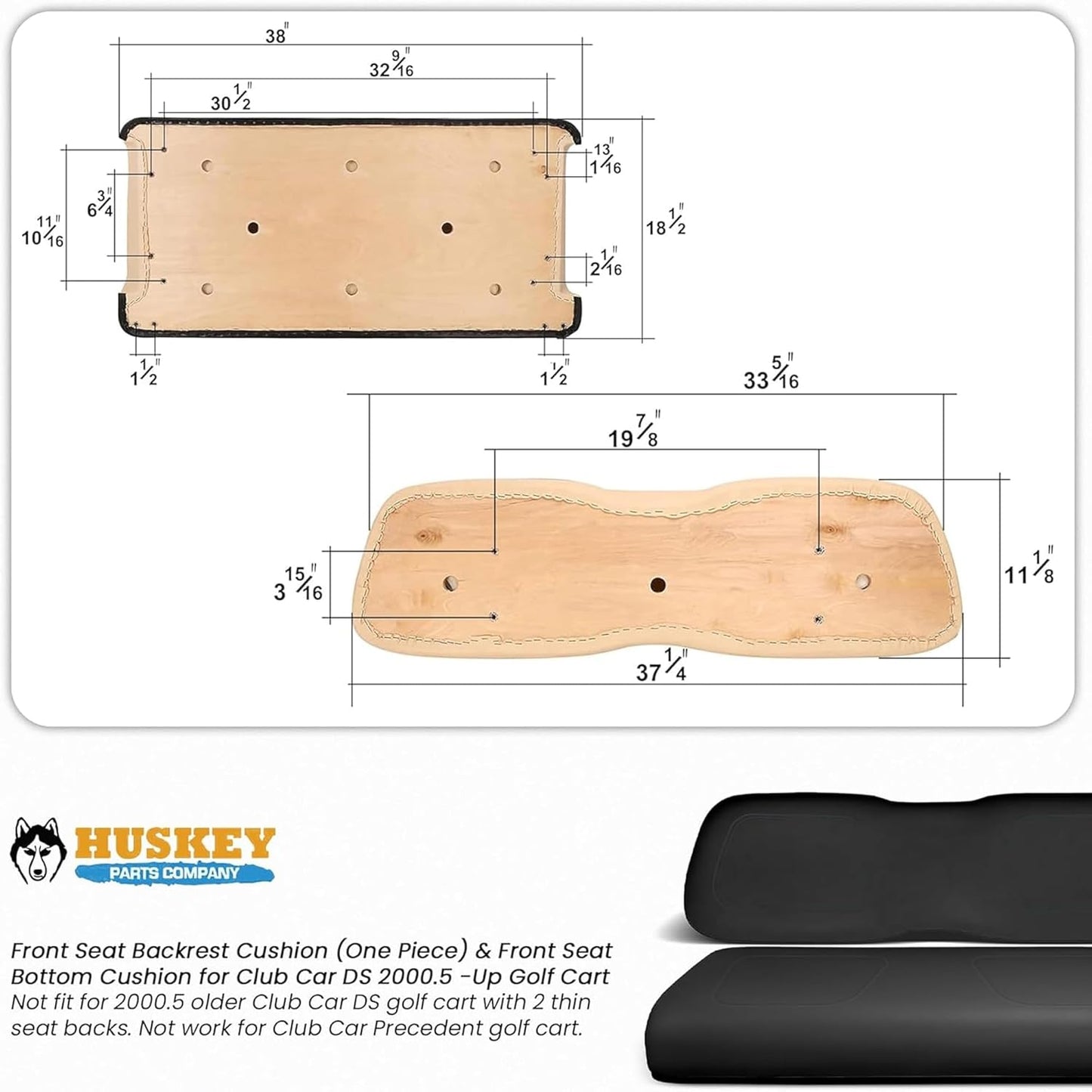 Huskey Parts Company Golf Cart Seat Cushion Set for Front Seat Lean Back & Bottom, Black Color for Club Car DS 2005 and Up Models, Golf Cart Front Seat Replacement with Mounting Hardware & Hinges