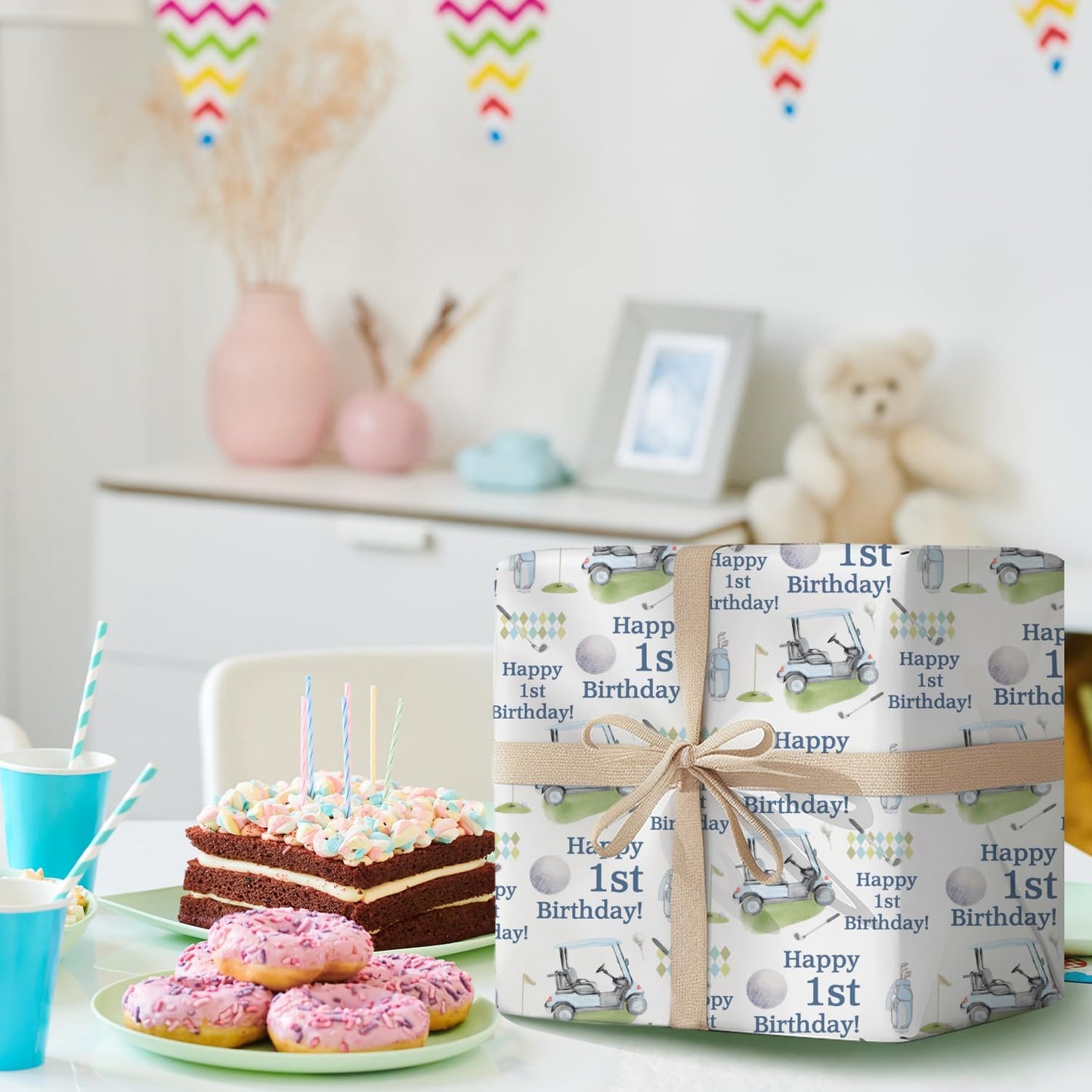 MJSXY Golf Wrapping Paper,Golf Theme Party Supplies,5 Sheets 19.6x27.5 Inch for 1st Birthday with Hole in One Birthday Decorations. Gift Wrap for Baby Boy Girl, Baby Showers Decors