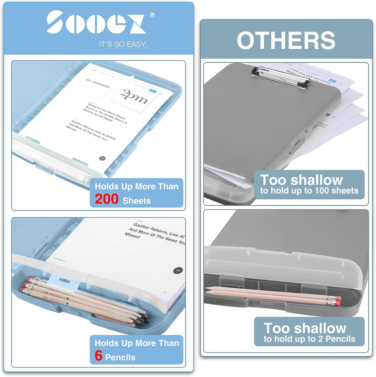 Sooez Clipboards with Storage, High Capacity Clip Boards 8.5x11 with Pen Holder, Heavy Duty Plastic Paper Organization Folder Cases, Letter / A4 Size for Nurse Teachers, School & Office Supplies