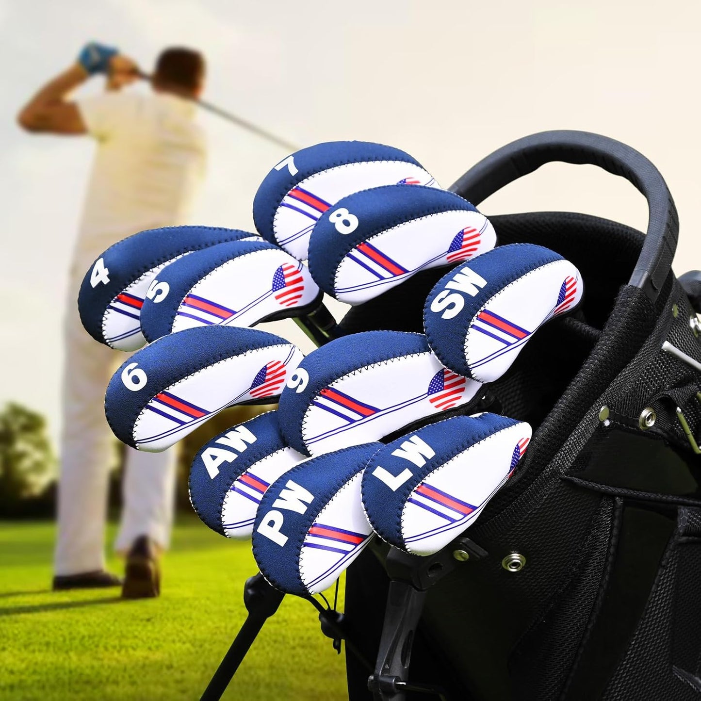 Golf Club Iron Head Covers Set, 10PCS Neoprene USA Flag Design Protective Covers for Irons