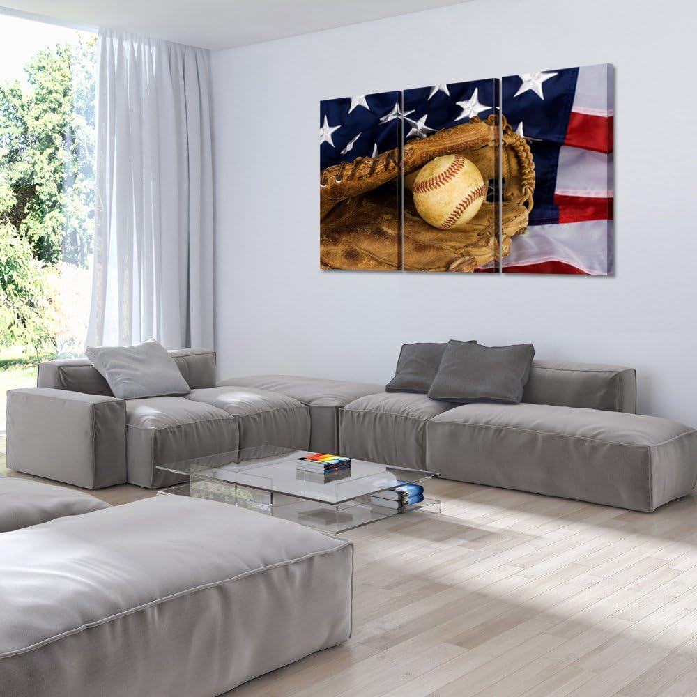 KREATIVE ARTS - Large 3 Pieces Canvas Prints Wall Art Baseball and American Flag Poster Sports Picture Printed On Canvas Stretched and Framed Artwork Gift for Home Living Room Decor 16x32inchx3pcs