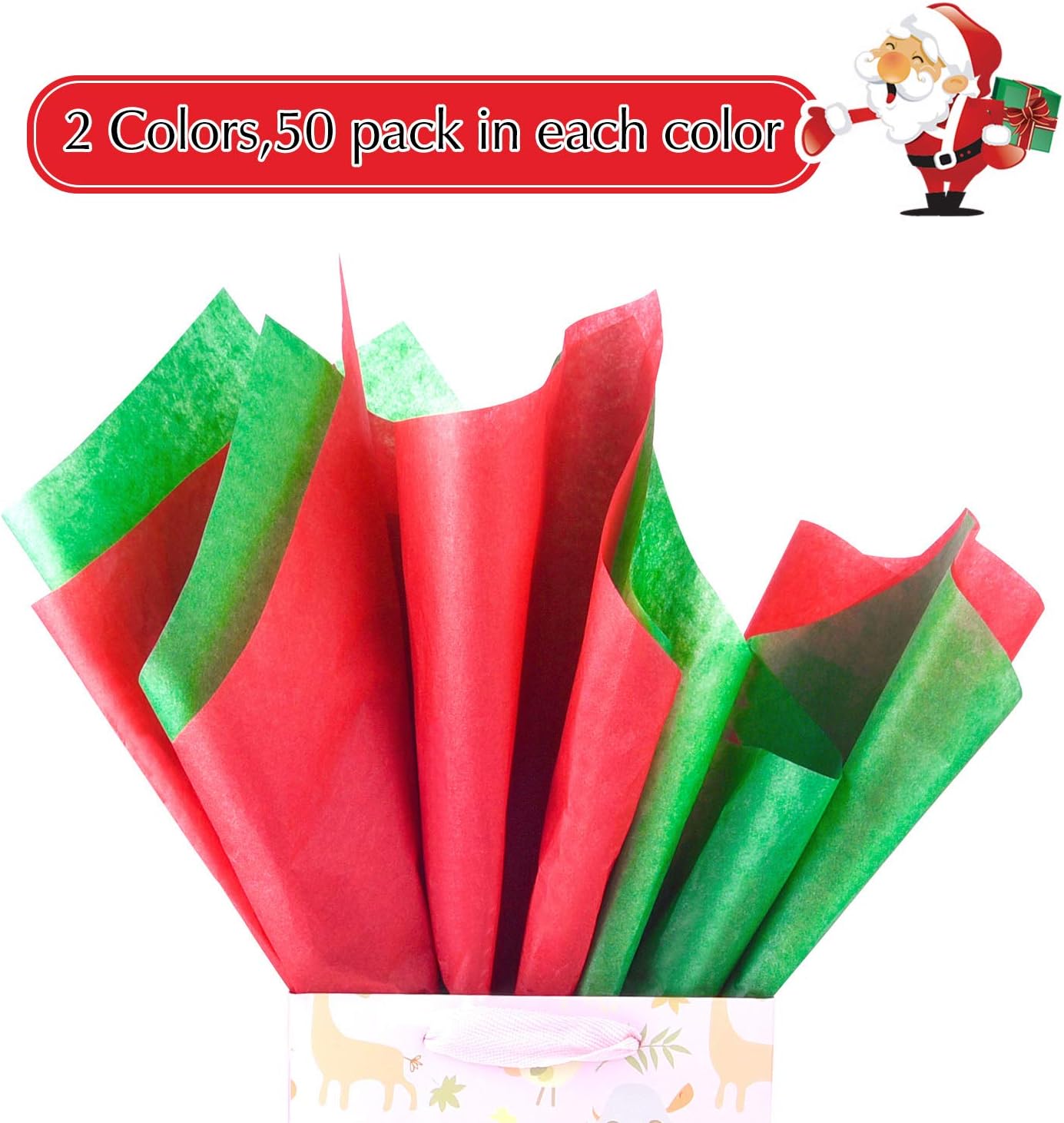 FEPITO 100 Sheets Christmas Tissue Paper Red and Green Gift Wrapping Paper for Xmas Wrapping Presents, DIY Crafts Supplies(14 x 20 Inch)