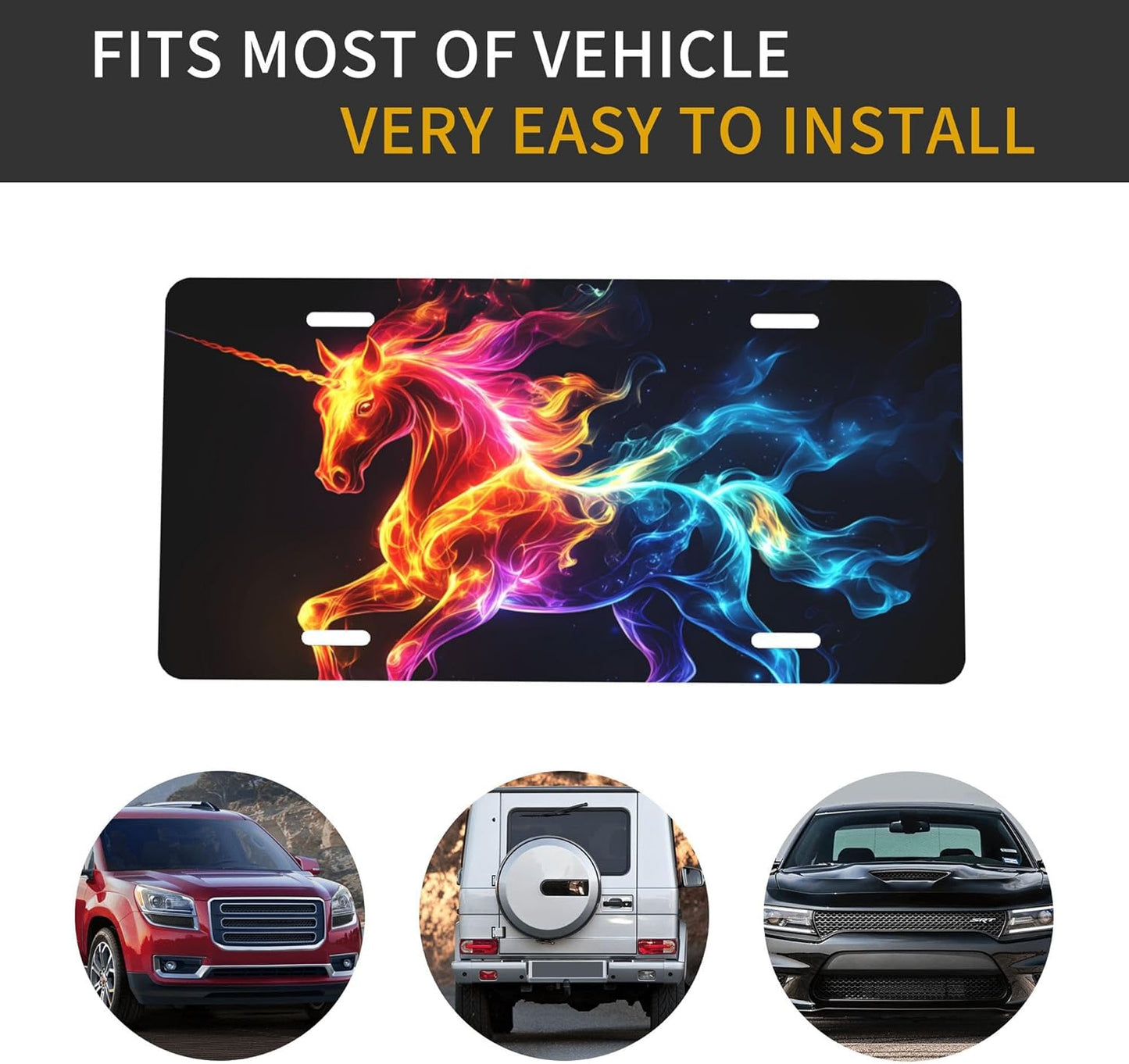 Front License Plate for Car Designs Color Flame Animal Horse Stainless License Plate Cover Holder for Men Women Metal Aluminum Decorative Accessory Vanity Tag Standard 6 X 12 inch (4 Holes)