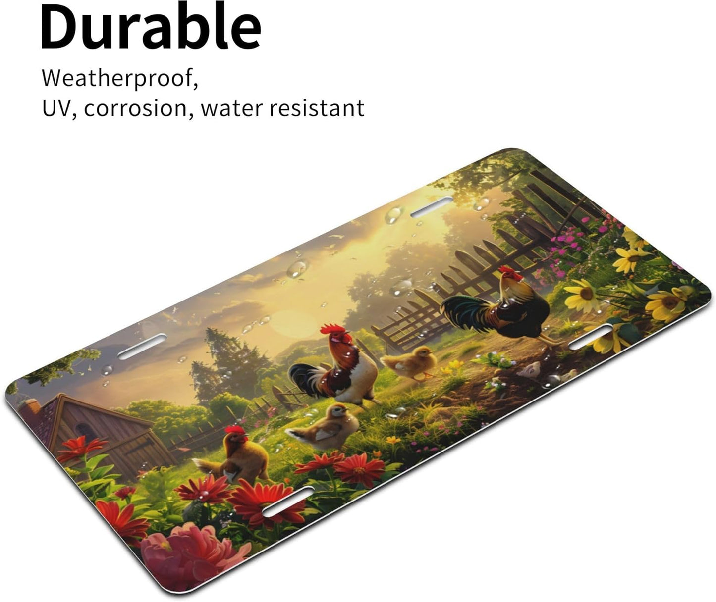 Rustic Flower Animal Chicken Front License Plate for Car Designs Stainless License Plate Cover Holder for Men Women Metal Aluminum Decorative Accessory Vanity Tag Standard 6 X 12 Inch (4 Holes)