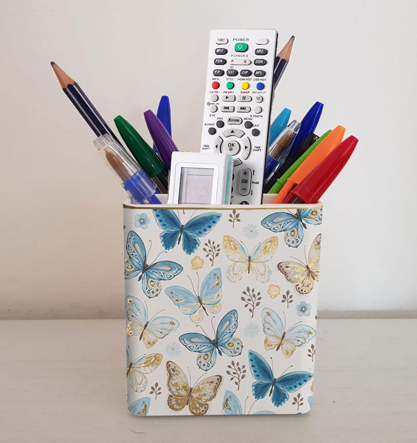 Pen Pencil Holder, Makeup Brush Holder,Ceramic Remote Control Holders Organizer with 2 Compartment Floral Multi-functional Office Organizers Storage Caddy Desk Tv Remote Holders Shiny Butterfly