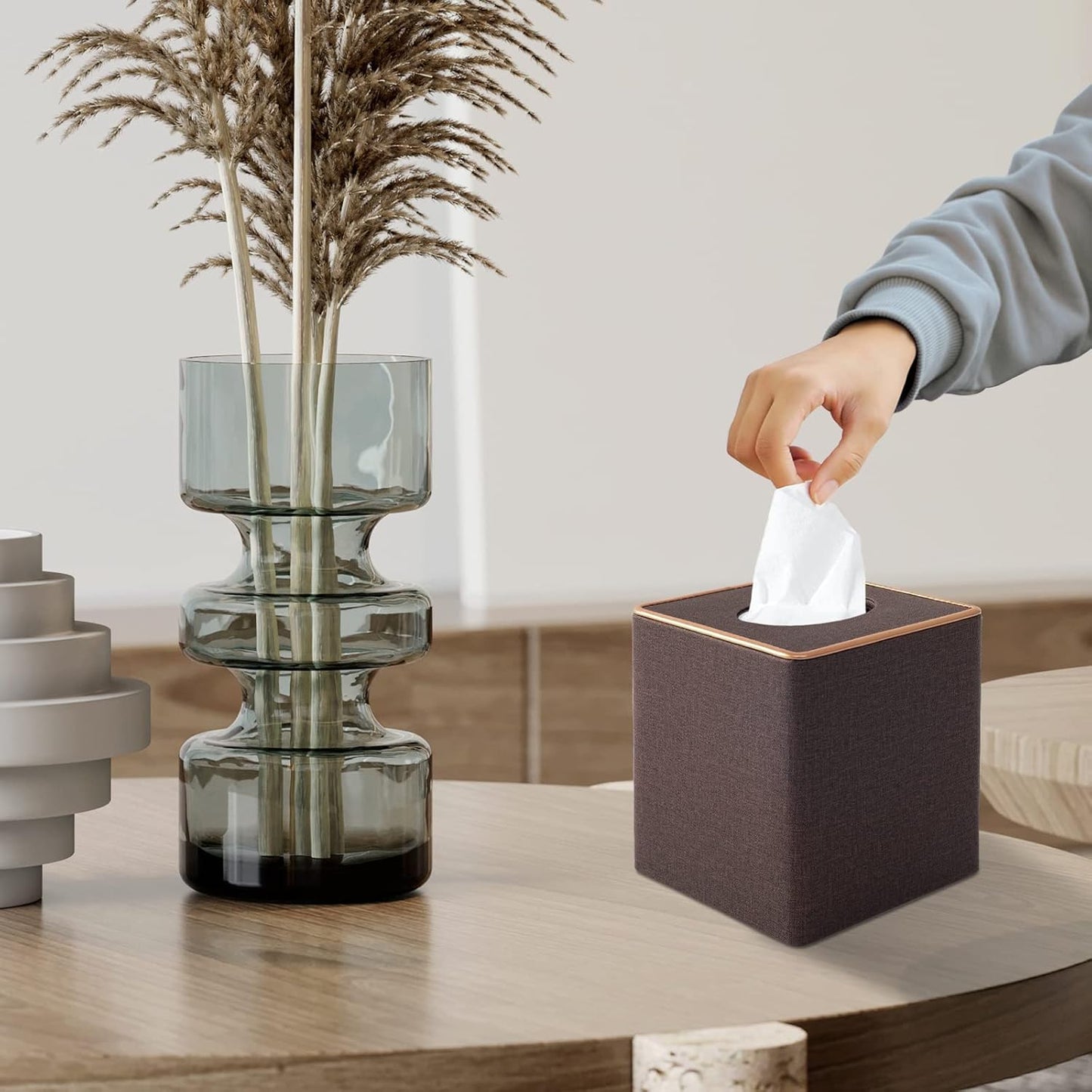 Tissue Box Cover Square Tissue Box Holder PU Leather Facial Organizer with Magnetic Bottom,Decorative Napkin Caddy for Vanity Dresser Night Stand Table Countertop Home Office Car,Coffee