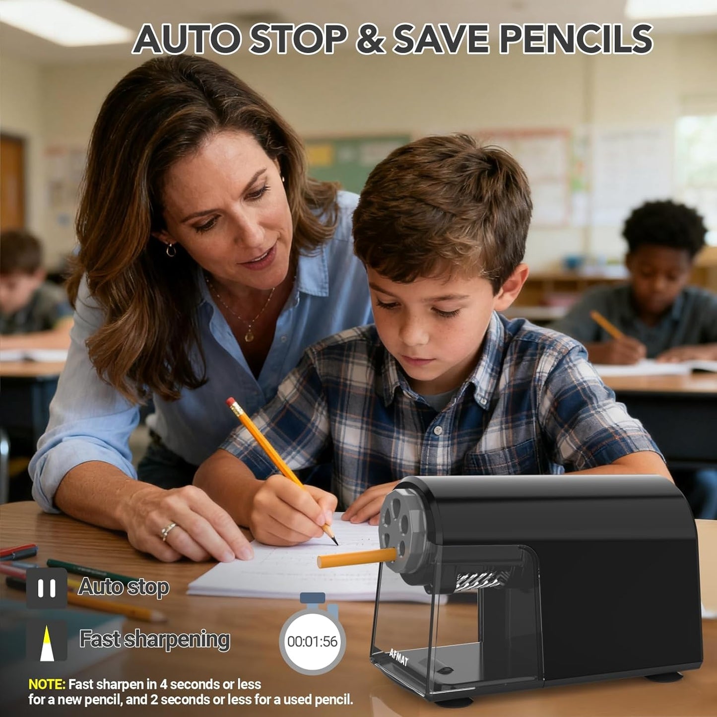 AFMAT PSD2 Electric Pencil Sharpener Heavy Duty, 6 Holes, Cordless & Rechargeable, Fast Sharpen, Auto Stop, 10K+ Uses, Classroom Pencil Sharpener for 6-11mm No.2/Large/Colored Pencils, Black