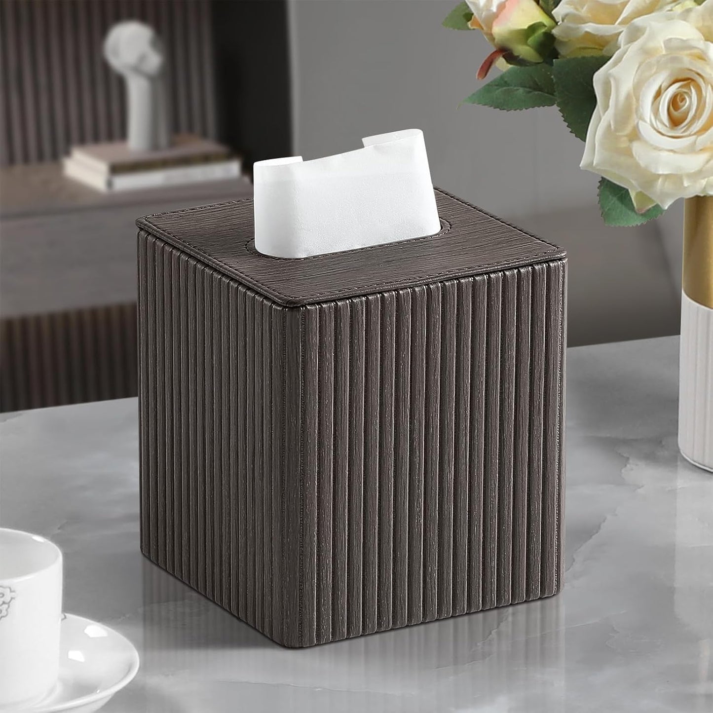 PU Leather Tissue Box Cover Square Tissue Box Holder with Magnetic Closure (Dark Brown)