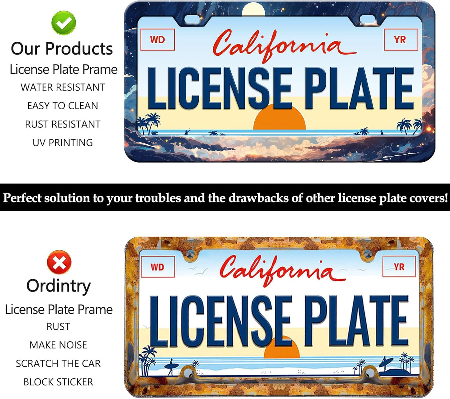 Anime Cloud Moon Starry Sky License Plate Frames - 2 Pack Front Rear Night Scene License Plates Holder Covers, Aluminum Metal Rust-Proof Waterproof Car Tag Frame with Screws Fasteners Caps