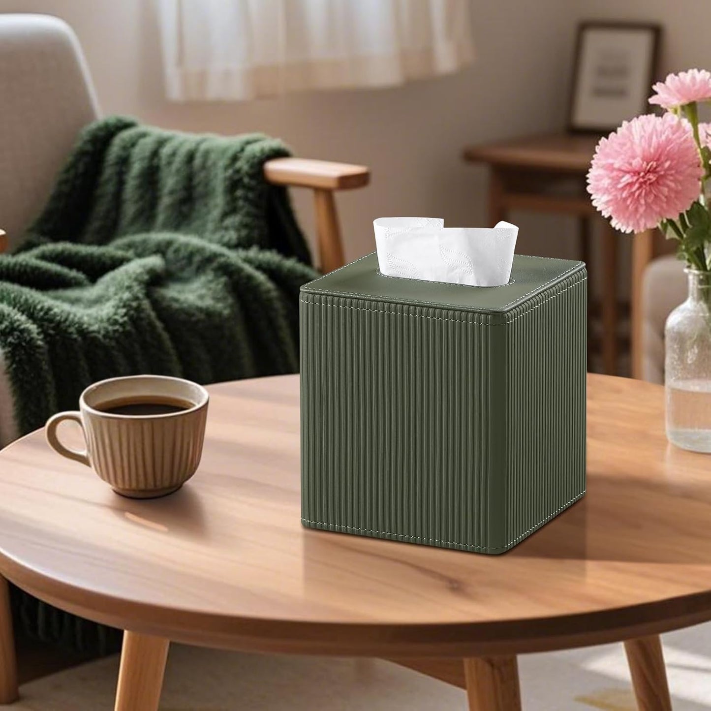 PU Leather Tissue Box Cover Square with Magnetic Closure, Modern Tissue Box Holder for Bathroom Bedroom Office Desk, Decorative Square Tissue Holder (Green)