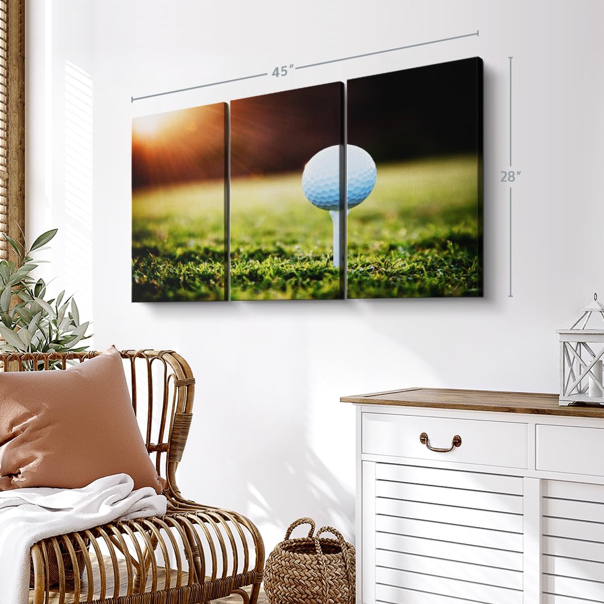 ElephantStock Golf Ball Tee Wall Art - Horizontal Canvas - 3-Piece Living Room Wall Decor - Photography Photographic Canvas Print - Black and White Decor for Wall - 45" X 28"
