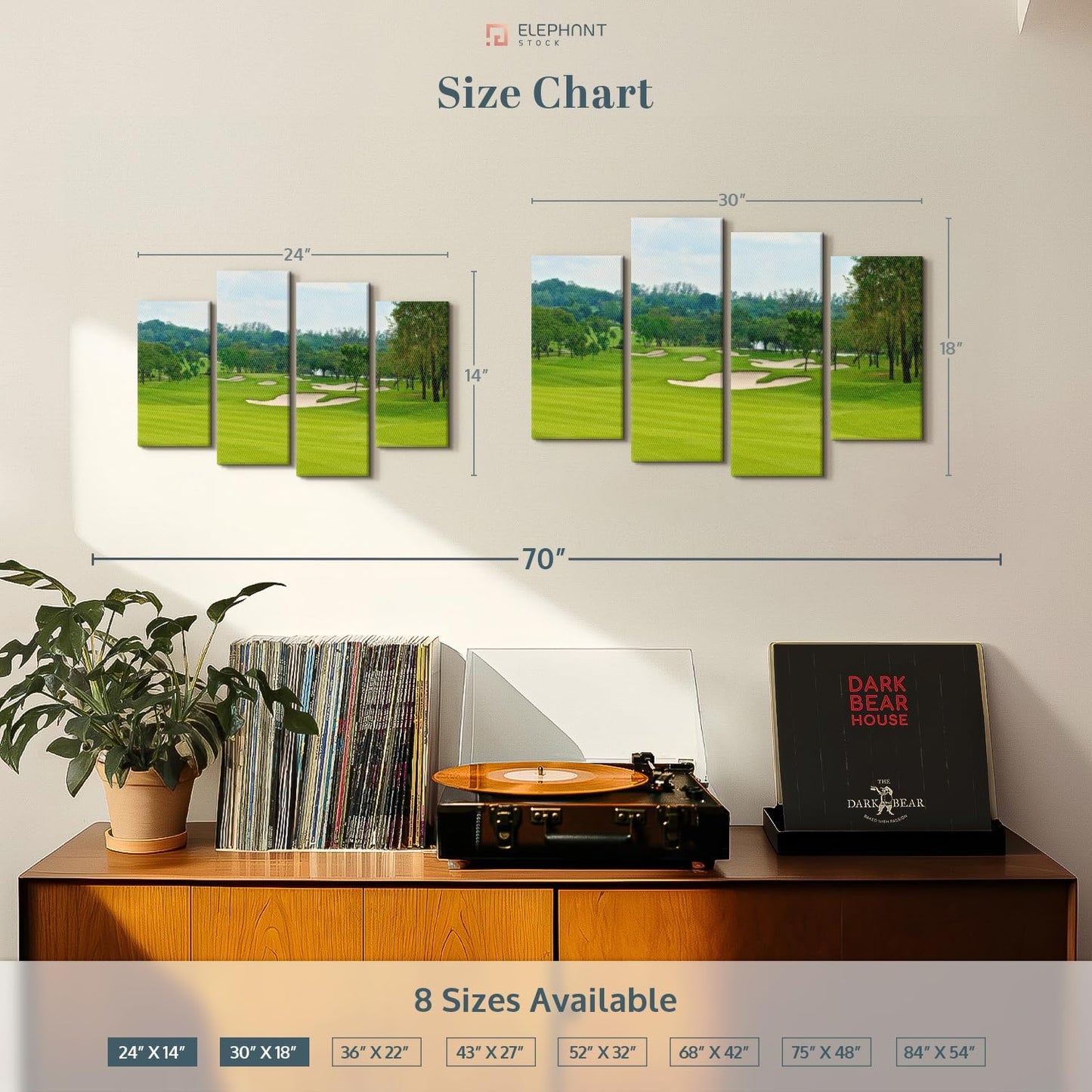 Elephant Stock Beautiful Golf Course Wall Art - Horizontal Canvas - 4-Piece Living Room Wall Decor - Tree Photography Canvas Print - Green and Blue Decor for Wall - 24" X 14"