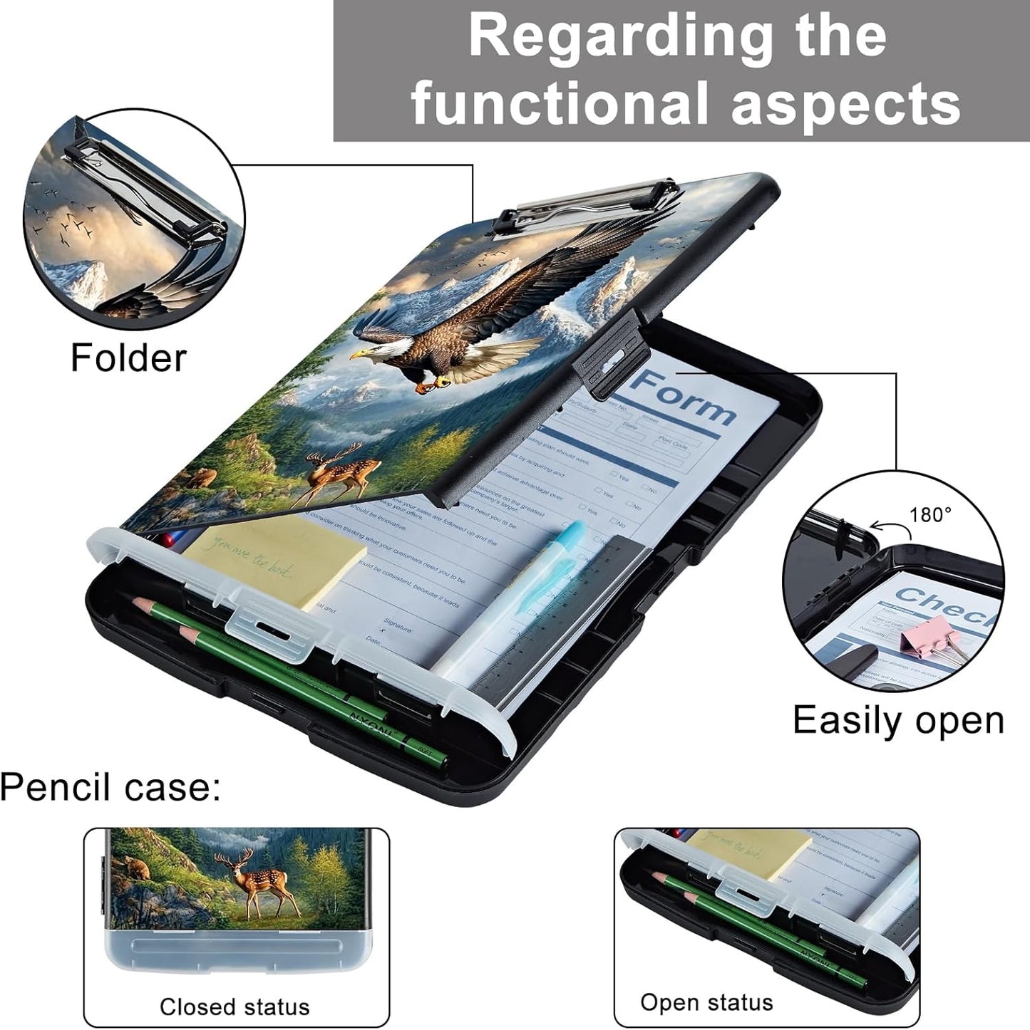 Clipboard with Storage - Large Capacity,Nursing Clipboard with Pen Holder,Heavy Duty,Plastic Side-Opening Folder for Teacher,Nurse - Bald Eagle Soaring Above Deer