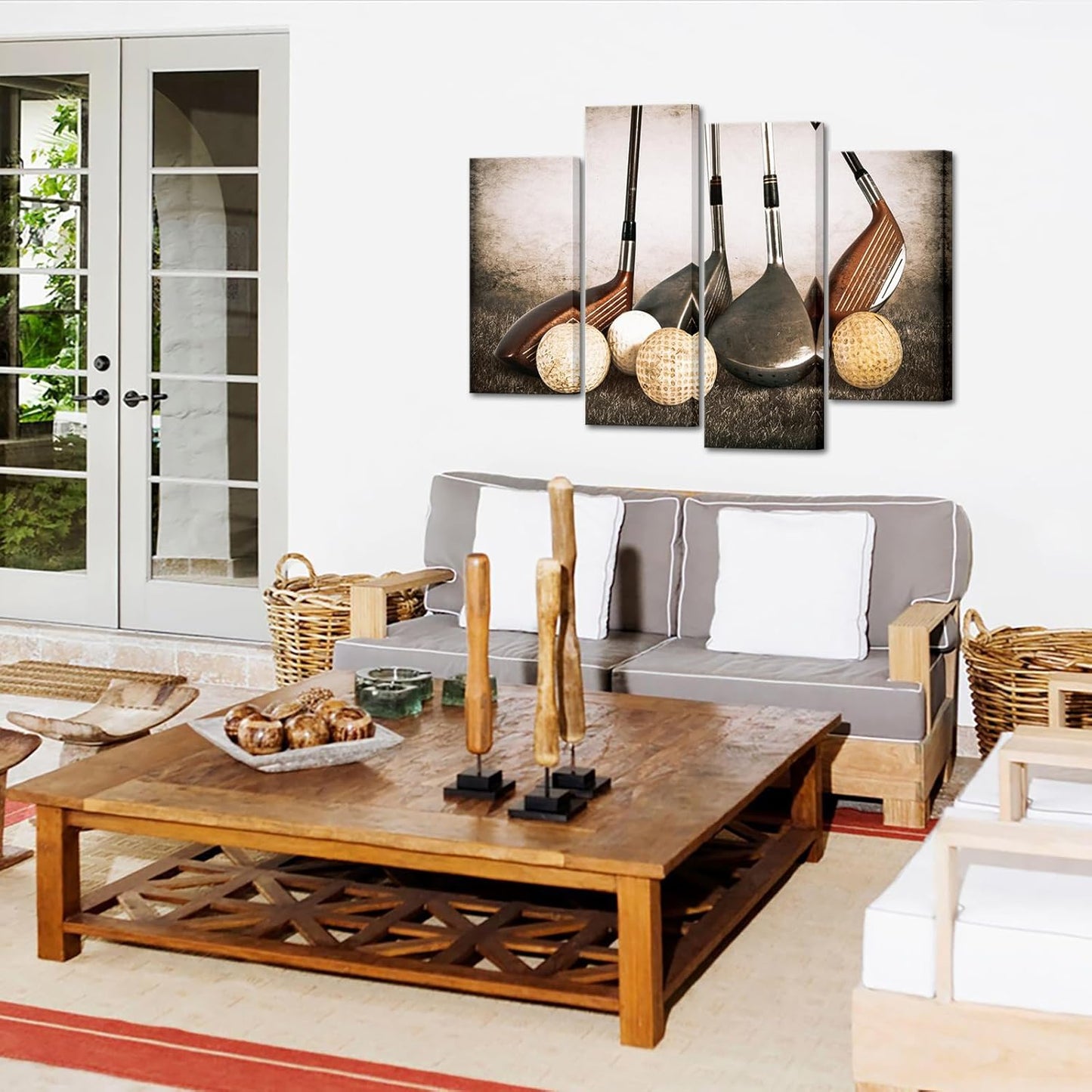 KREATIVE ARTS 4 Panel Vintage Sports Canvas Wall Art Rustic Golf Balls Picture Art Prints Still Life Poster Artwork Painting for Gym Man Cave Decor Ready to Hang 48x33 Inches