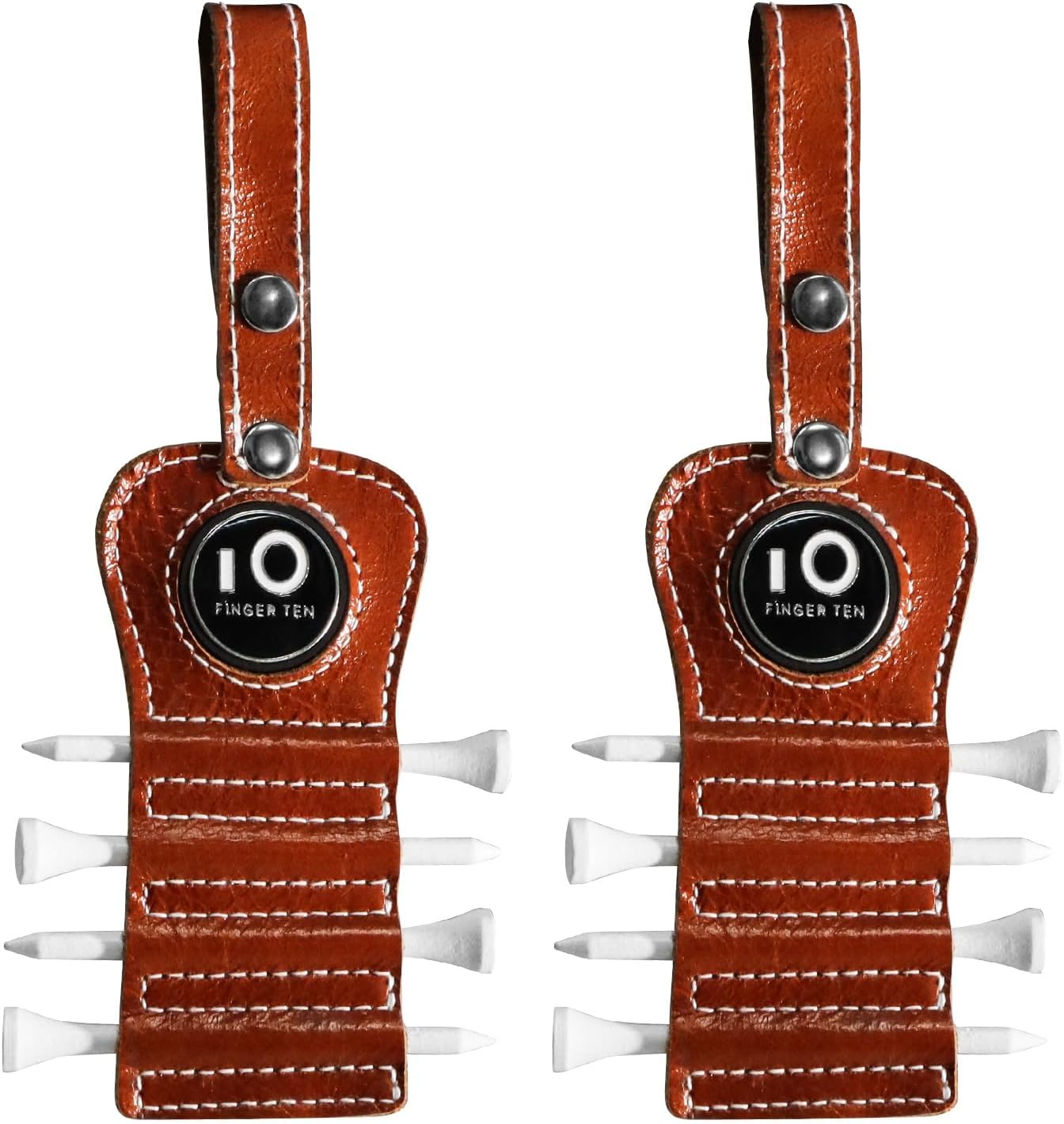 FINGER TEN Golf Tee Holder with Ball Marker and 4 Pcs Wood Tees Value 1/2 Pack, Luxury Leather Gift Hook to Golf Bag Belt Clip