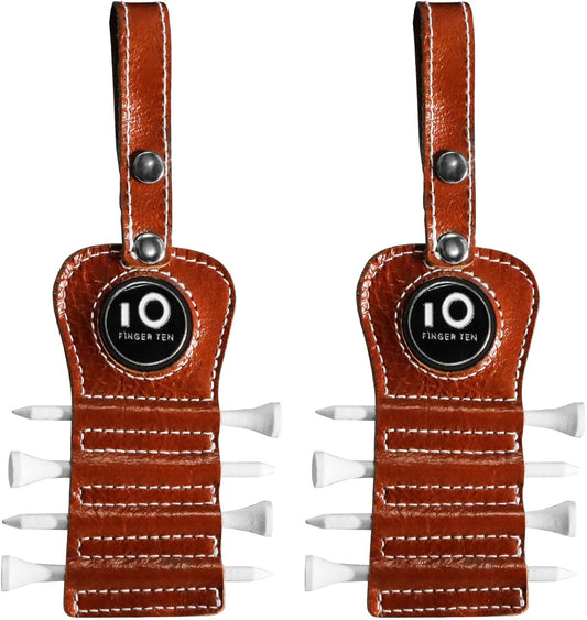 FINGER TEN Golf Tee Holder with Ball Marker and 4 Pcs Wood Tees Value 1/2 Pack, Luxury Leather Gift Hook to Golf Bag Belt Clip