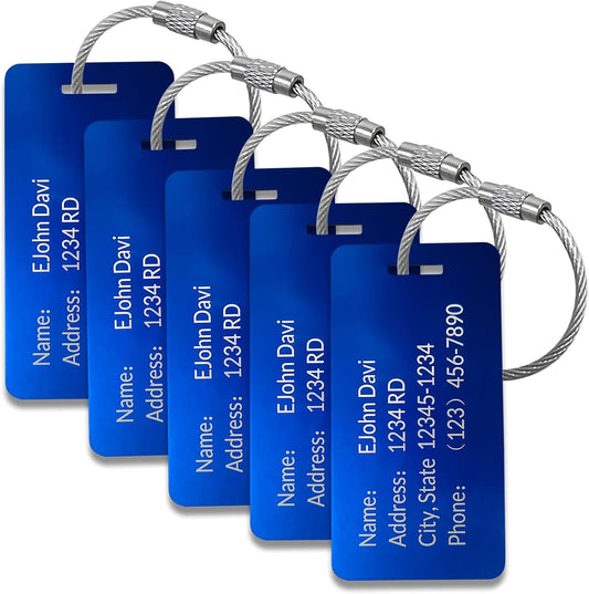 5 Pack Custom Engraved Luggage Tags, 3.8 x 2 inches Waterproof Personalized Luggage Tags, Aluminum Personalized Bag Tags for Suitcases/Backpack/Luggage Accessories [Blue]