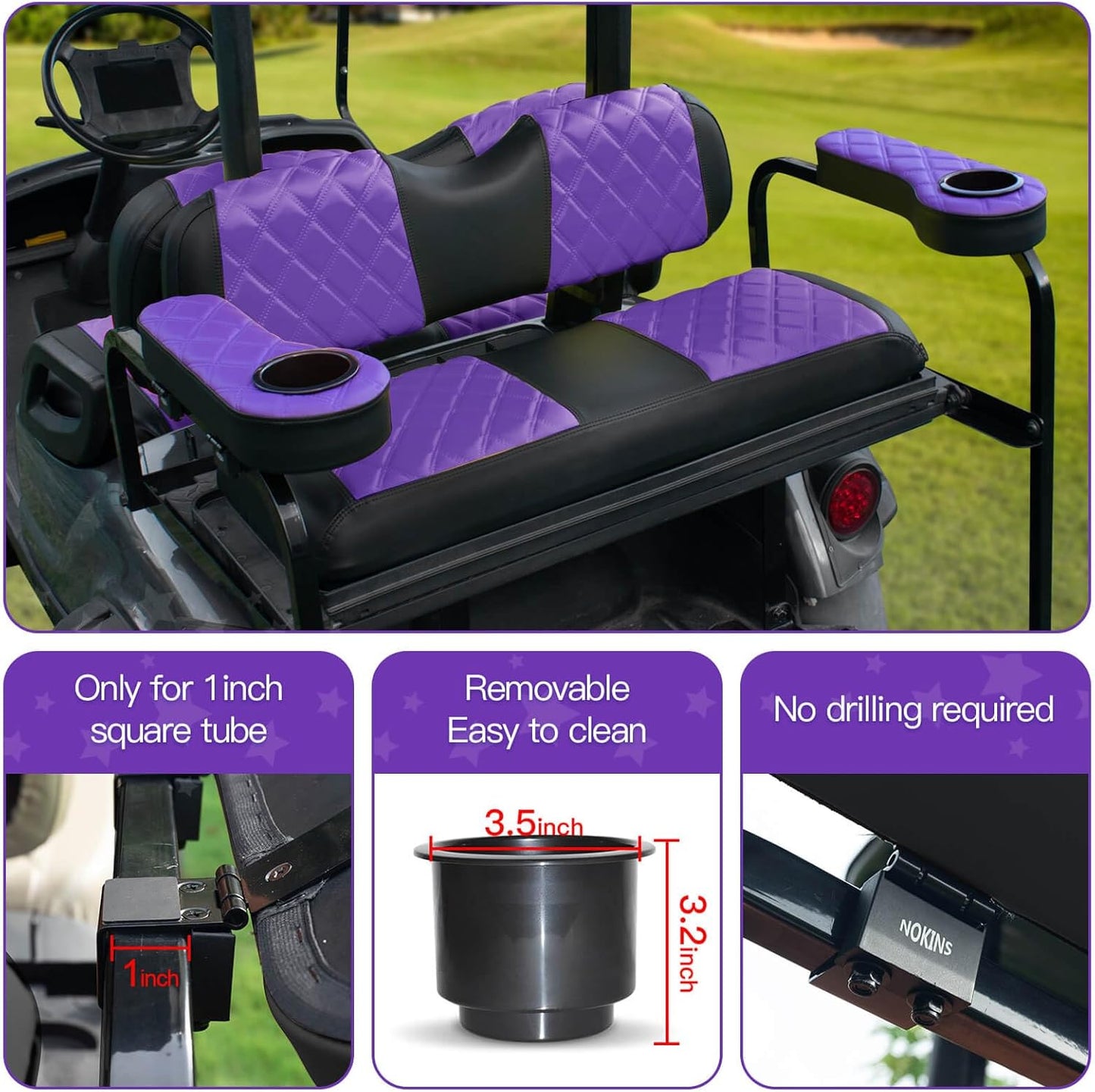 NOKINS Golf Cart Diamond Flip Armrest with Cup Holder, No Drilling Required, Golf Cart Folding Hinged Armrest, Inward Mount, for Club Car EzGo Yamaha Back Seat Kit