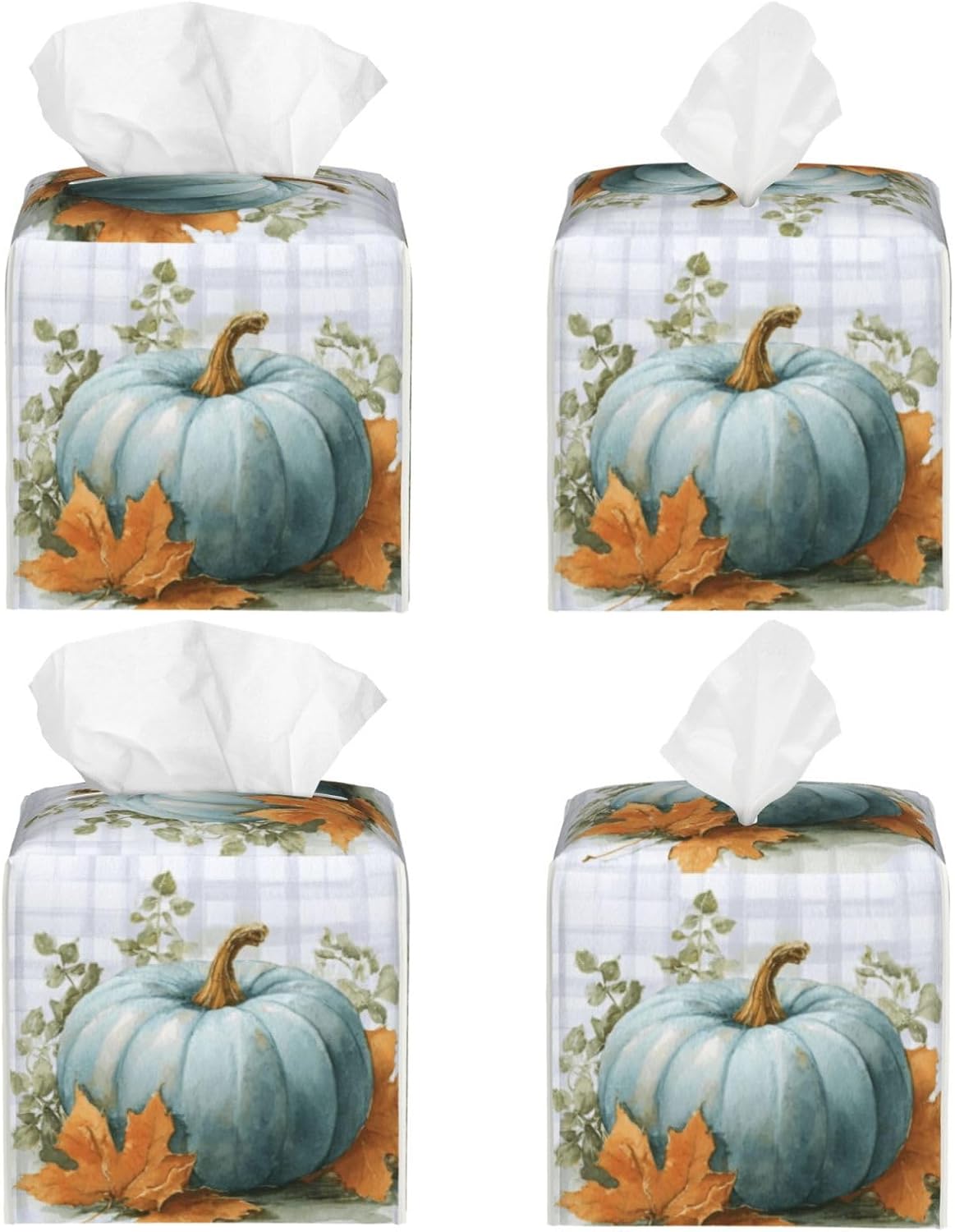 Blue Pumpkins Fall Tissue Box Cover Autumn Leaves Plaid Square Leather Tissue Holder Decorative Facial Tissue Cube Paper Cover Case Organizer for Bathroom Night Stands Desk Tabletop Living Room Home