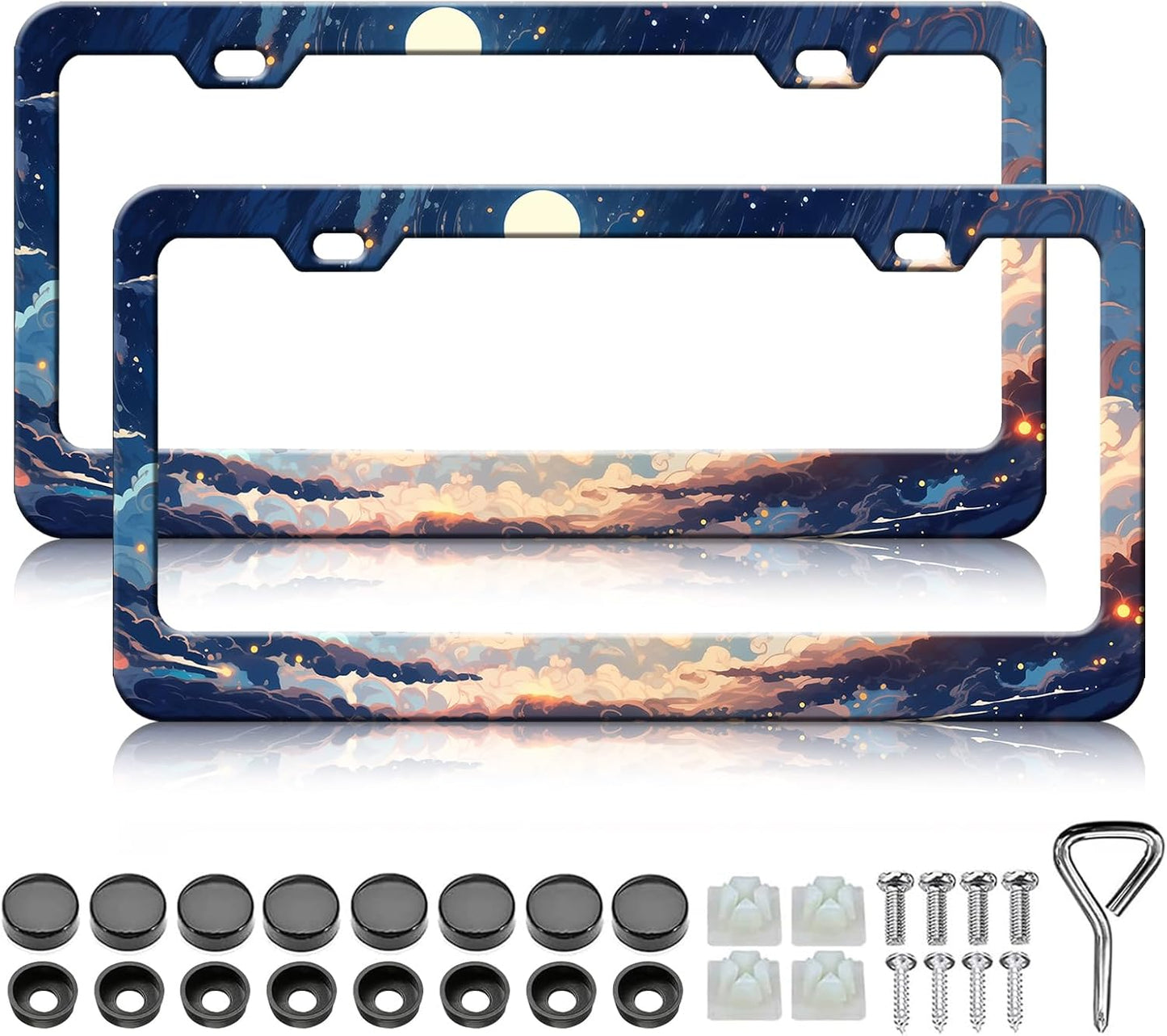 Anime Cloud Moon Starry Sky License Plate Frames - 2 Pack Front Rear Night Scene License Plates Holder Covers, Aluminum Metal Rust-Proof Waterproof Car Tag Frame with Screws Fasteners Caps