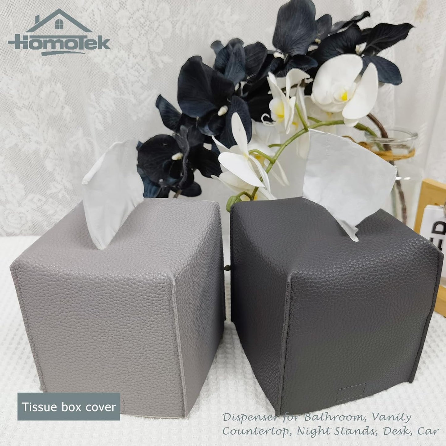 HOMOTEK 2 Pack Tissue Box Cover, Square PU Leather Tissue Holder, Decorative Facial Tissue Cube Paper Organizer Dispenser for Bathroom, Night Stands, Desk, Car 5X5X5'' - Beige, Pebble Grain
