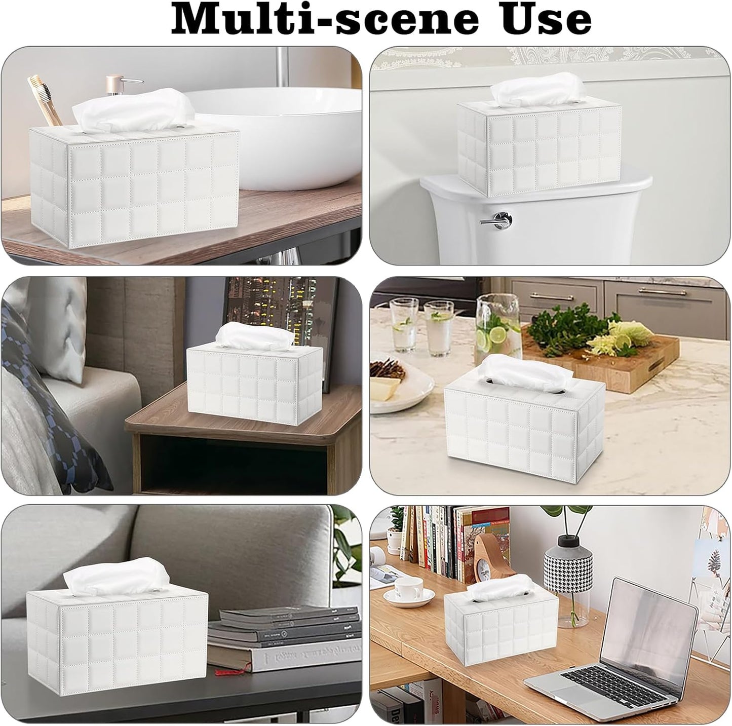 Sumnacon Tissue Box Cover Rectangle Leather Tissue Box with Magnetic Bottom,PU Tissue Box Holder Decorative Grid White Tissue Cover for Bathroom Toilet Bedroom Kitchen Office Table Desk, Large
