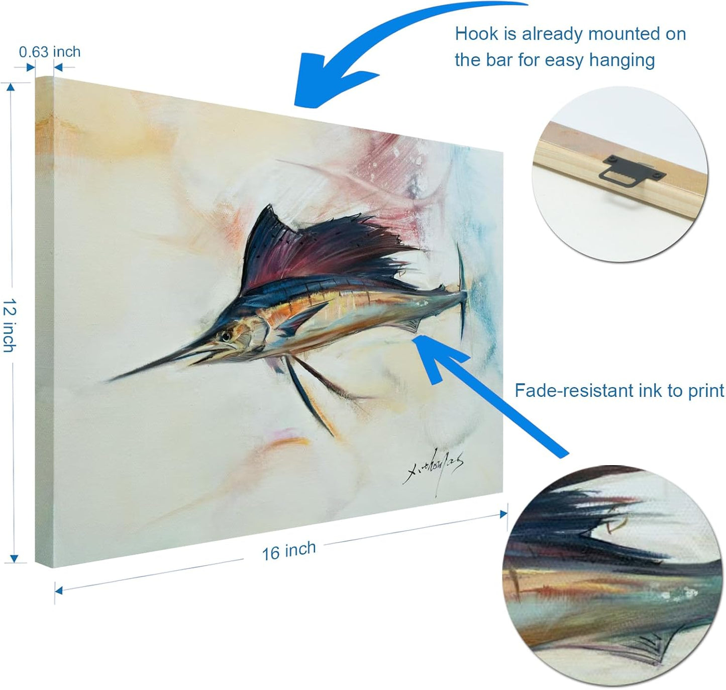 JZLDZS Sailfish Wall Art Nautical Bathroom Decor - 12x16 Inch Framed Coastal Canvas Print Ocean Animal Pictures Wall Decor for Bedroom & Kitchen