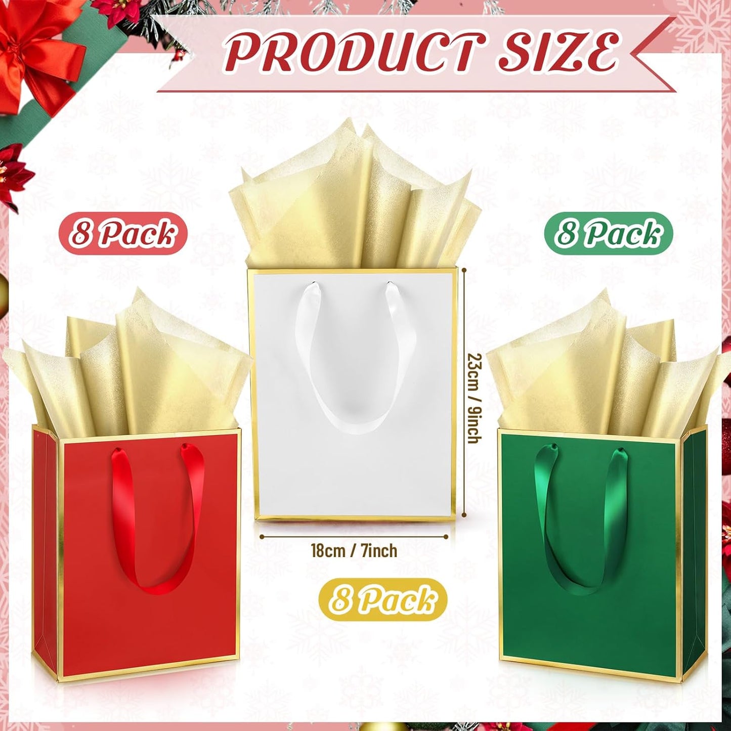 Yeaqee 24 Pack Metallic Paper Gift Bags with Handle and Tissue 9x7x3.1 Gold Foil Welcome Favor Bags Return Gifts for Wedding Fall 5 Senses Christmas Bridesmaid Birthday (Red Green White)