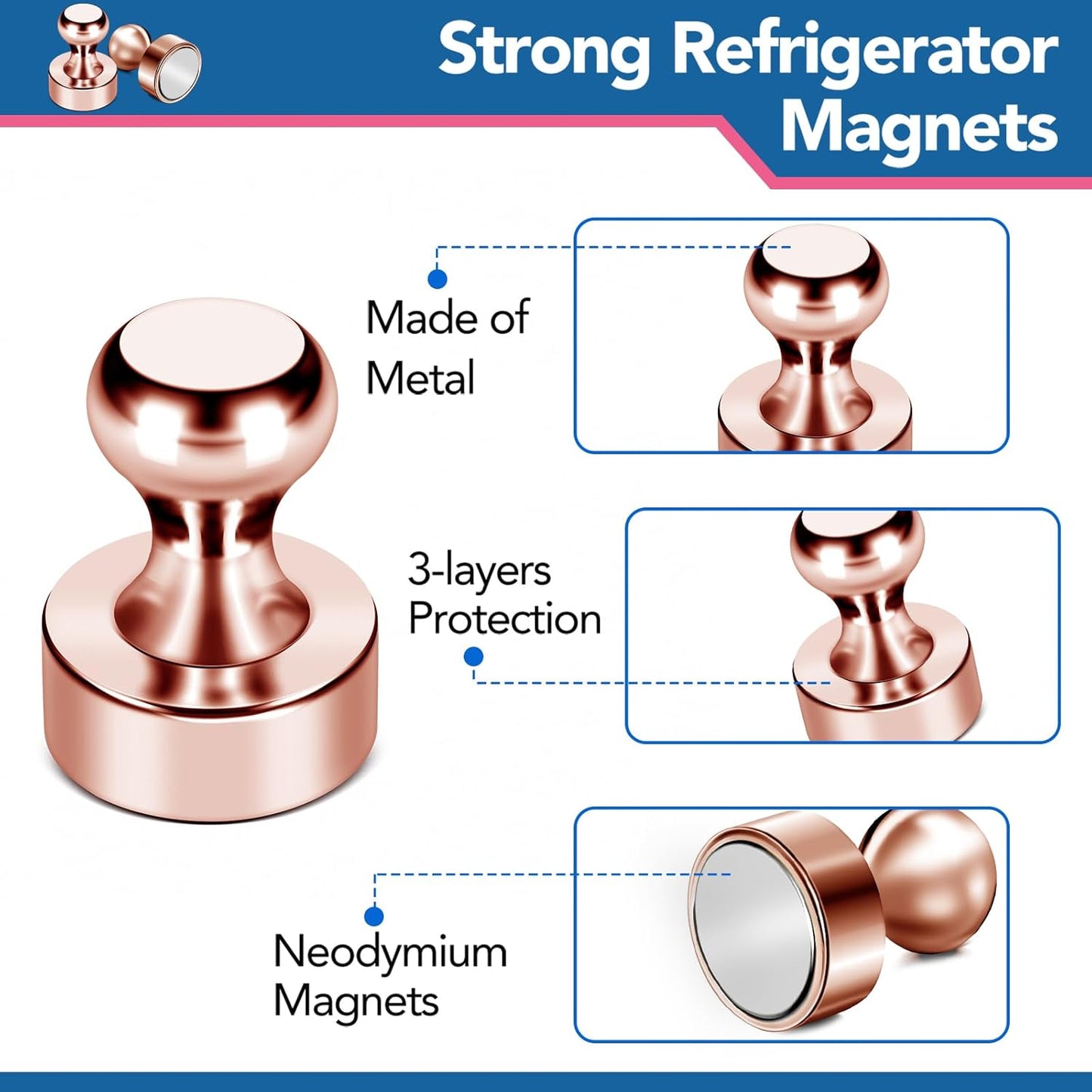 LOVIMAG Fridge Magnets 18Pcs Refrigerator Whiteboard Small Strong Magnet Classroom Kitchen Accessories Decorative Locker Set Decor Must Haves Office Calendar Refrigerador Magnetic Cute Rose Gold