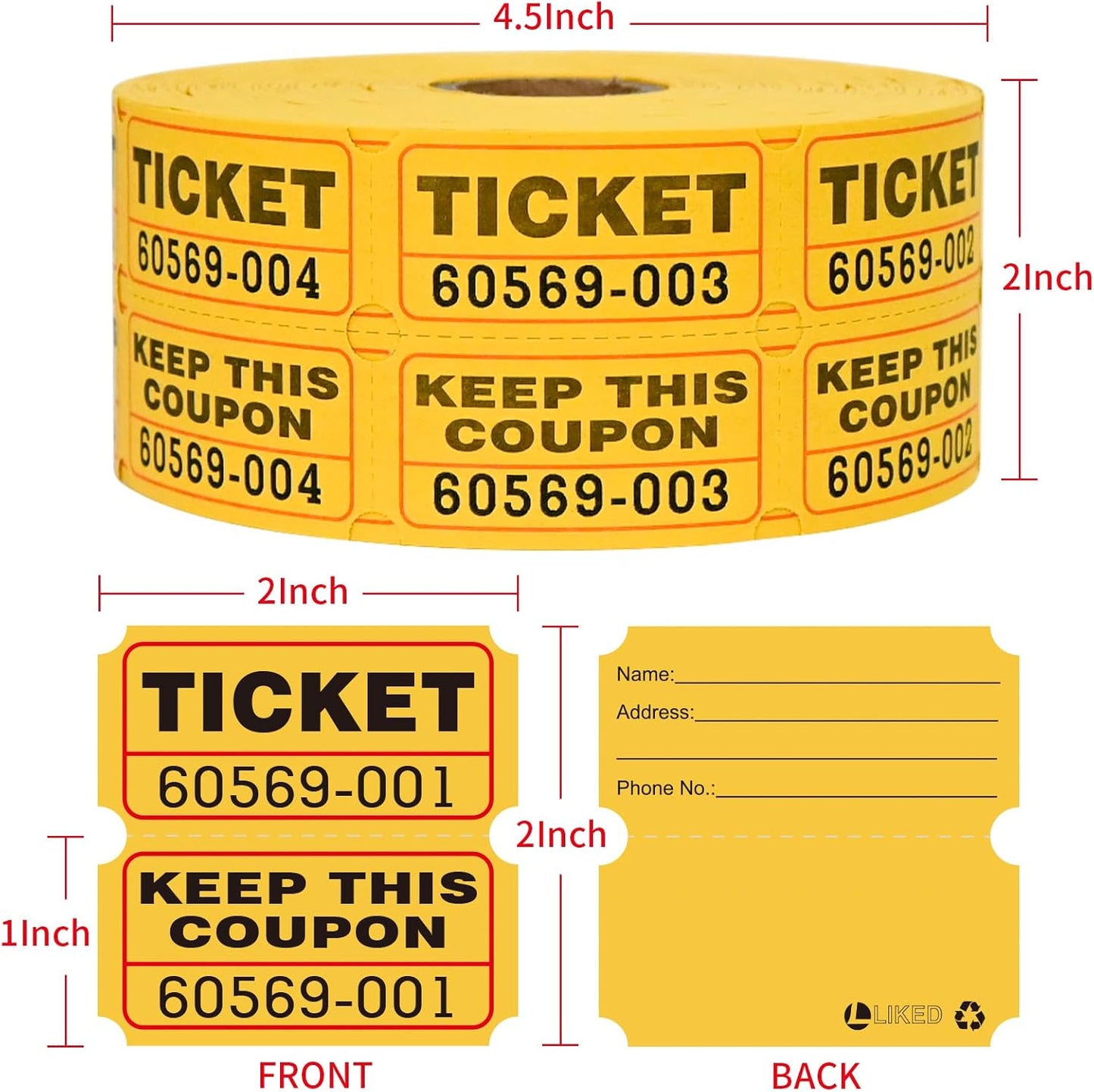 L LIKED Raffle Tickets Double Rolls 1000 per Roll 50/50 Raffle Tickets for Events, Entry, Class Reward, Prizes (Yellow)
