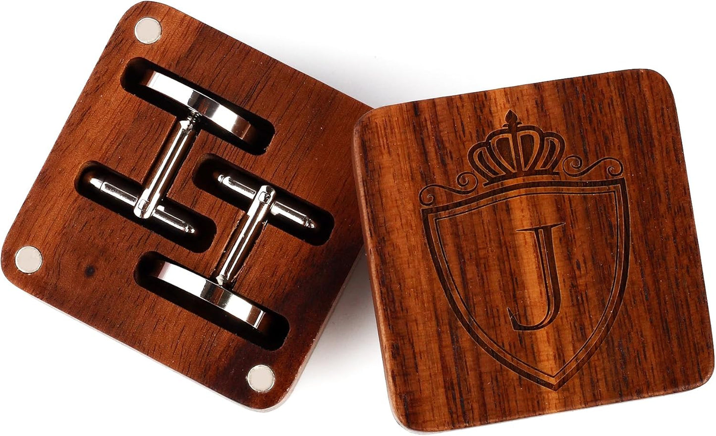 Mens Initial Silver Cufflinks A-Z Alphabet Letter Steel Cuff Links with Engraved Walnut Wood Box Groom Groomsman Wedding Set…