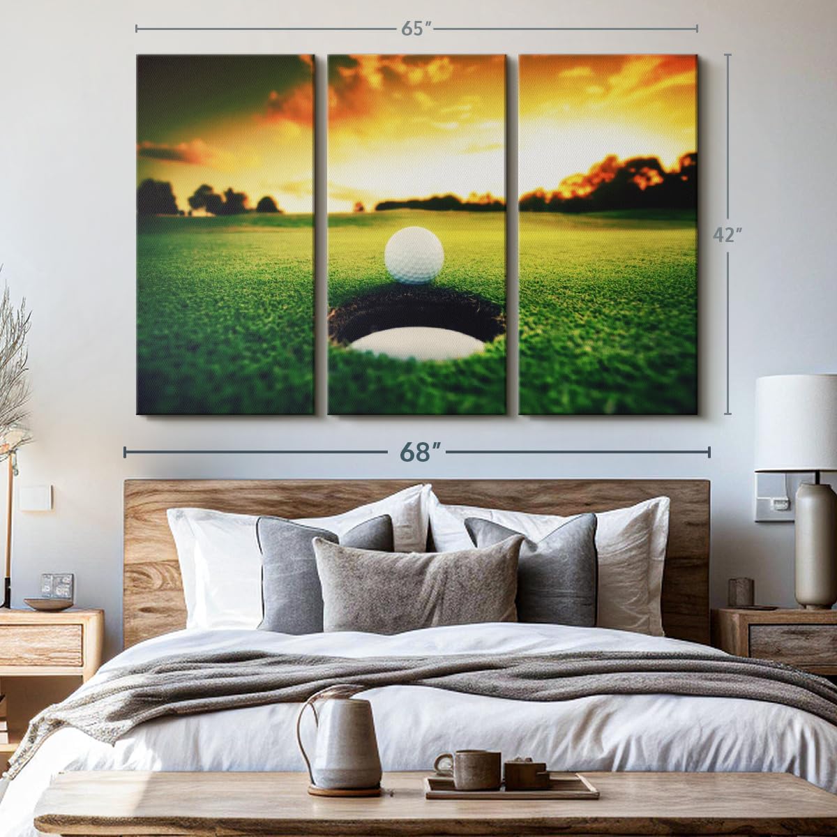 ElephantStock Golf Ball Wall Art - Horizontal Canvas - 3-Piece Living Room Wall Decor - Photography Sports Canvas Print - Orange and Yellow Decor for Wall - 65" X 42"