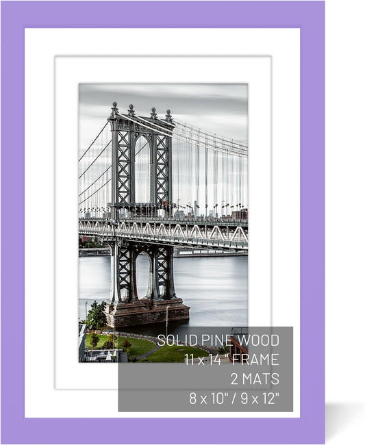 11x14 Solid Wood Picture Frames with 2 Mats for Wall Mounting or Table Top (Purple)