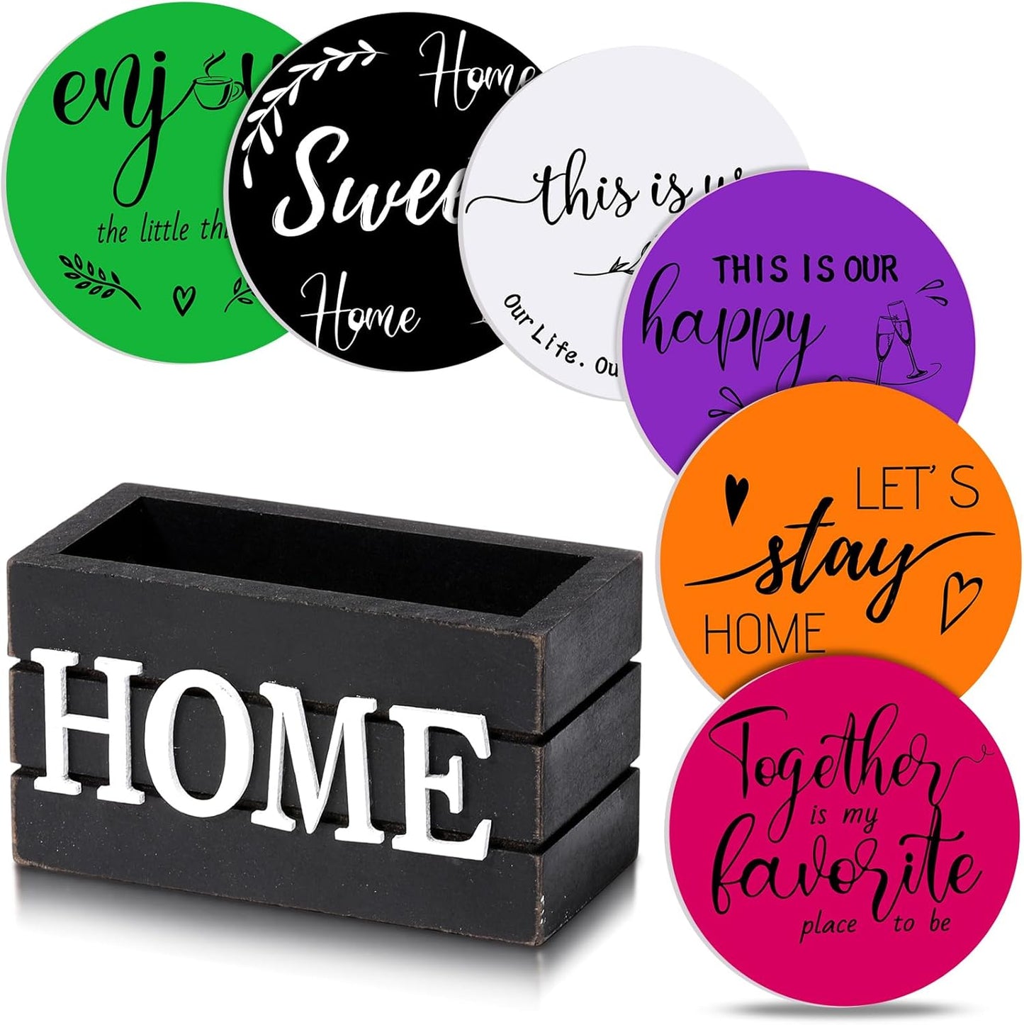 Queekay Housewarming Gifts for Home Decoration Wooden Heart Coasters for Drinks 6 Set Farmhouse Coasters with Holder Funny for Family Coffee Table Protection, 4''(Halloween Color)