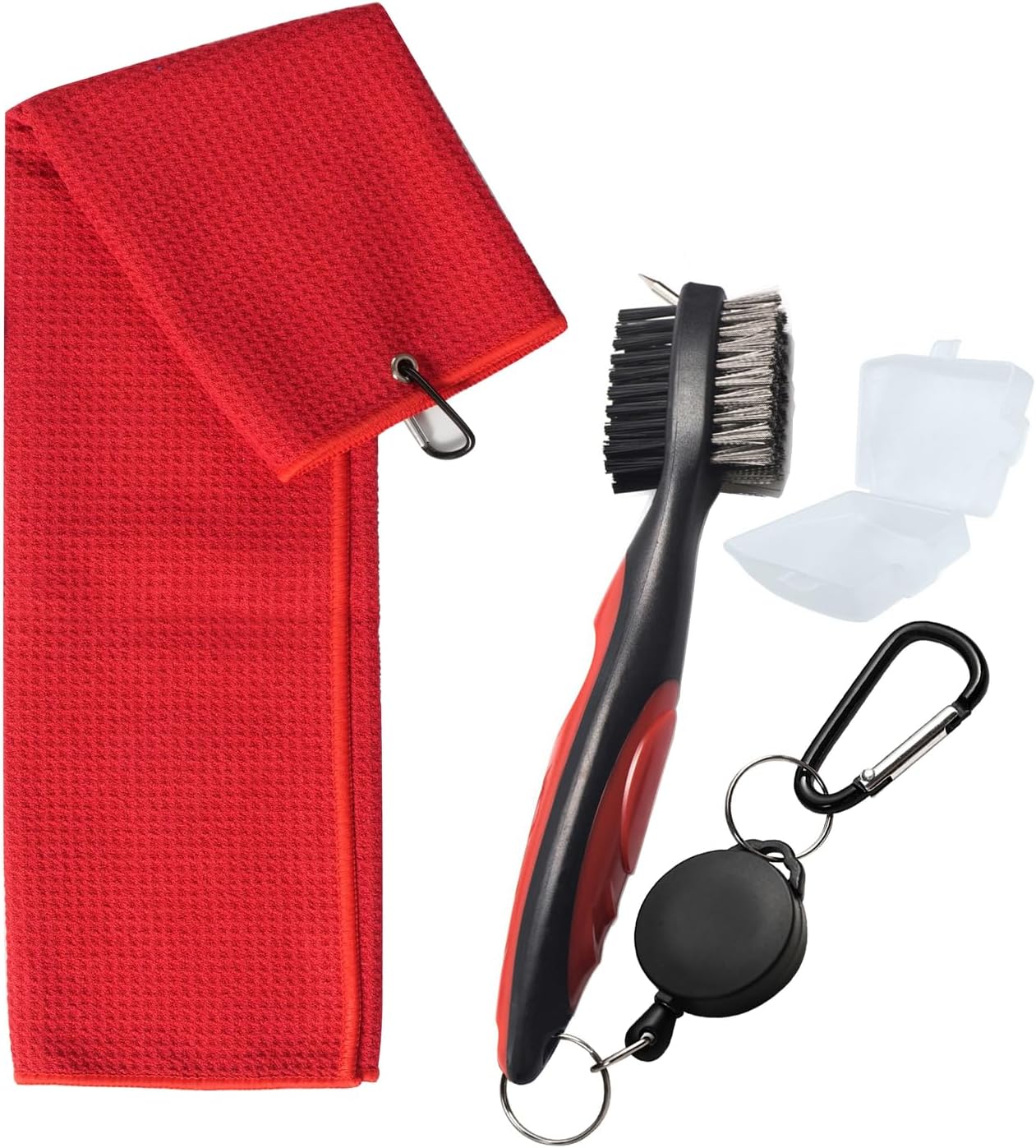 Golf Towels, Golf Towel and Brush Set, with Microfiber Waffle Design Golf Towel 16" X 24" with Hook and Loop Fastenerl and Retractable Zip-line Golf Club Brush (Red)