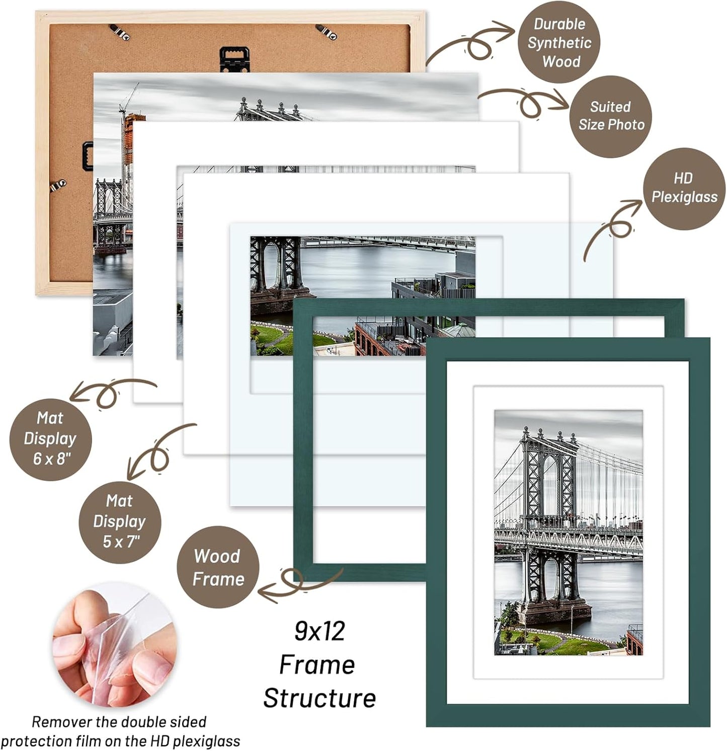9x12 Picture Frames Solid Wood Display Pictures 6x8 or 5x7 with Mat or 9x12 Frame without Mat Poster Photo Frame Art with 2 Mats for Wall Mounting or Table Top(Dark Green)