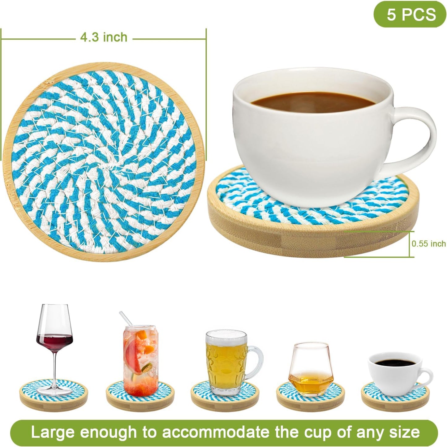 5 Pack Absorbent Coasters for Drinks, 4.3 Inches Cork for Coffee Tables, Wooden Drink Protection, Cute for Kitchen, Farmhouse, Bar, and Office (Blue)
