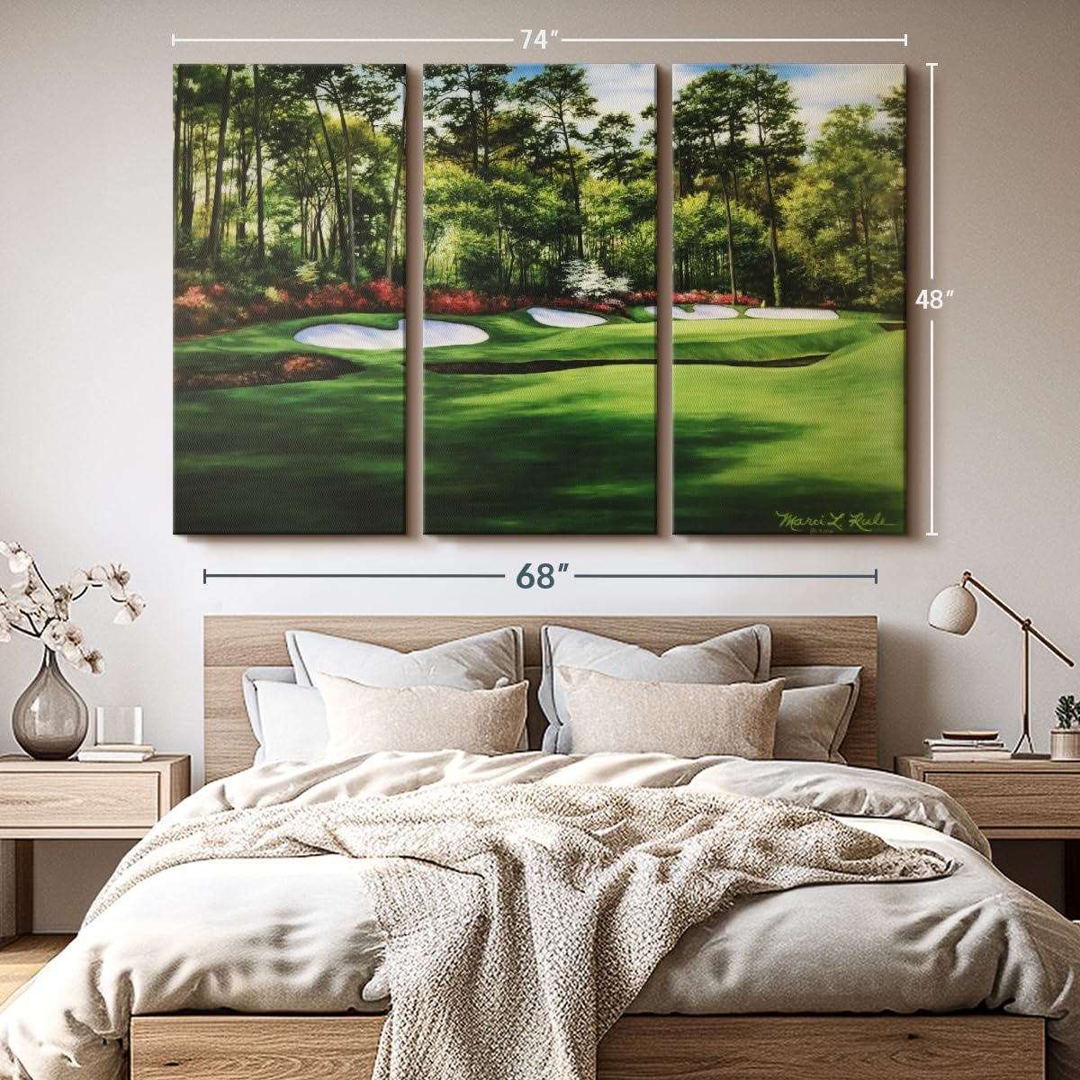 ElephantStock Augusta National 13th Hole I Wall Art - Horizontal Canvas - 3-Piece Living Room Wall Decor - Painting Sports Canvas Print - Green and Red Decor for Wall by Marci Rule - 74" X 48"