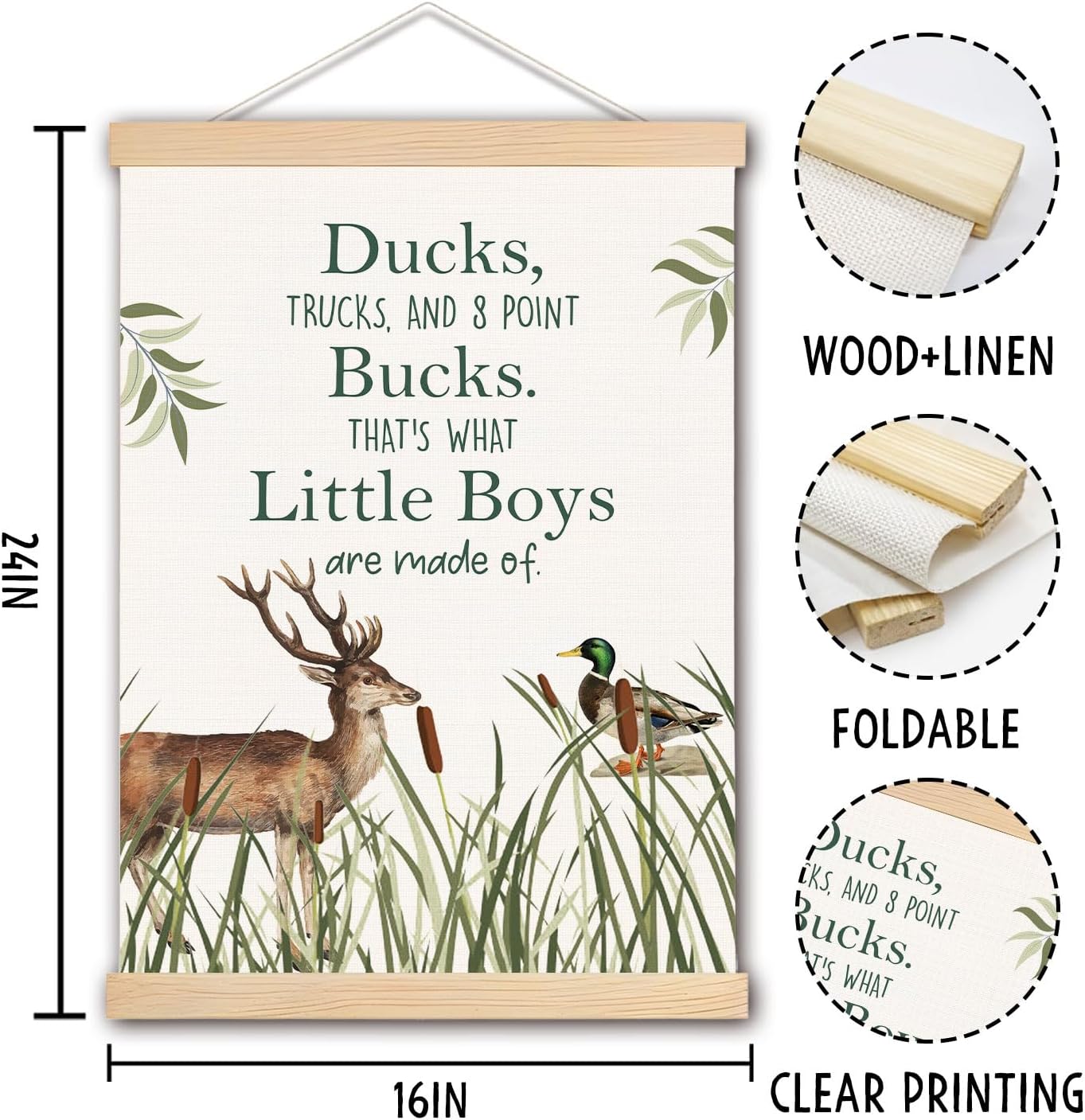 pouep Deer Duck Boy Nursery Wall Art Poster, Forest Nursery Decor, Wild Woods Deer Mallard Duck Canvas Prints Wall Decor for Toddler Kids Boys Bedroom Playroom Classroom, 16x24 Inches
