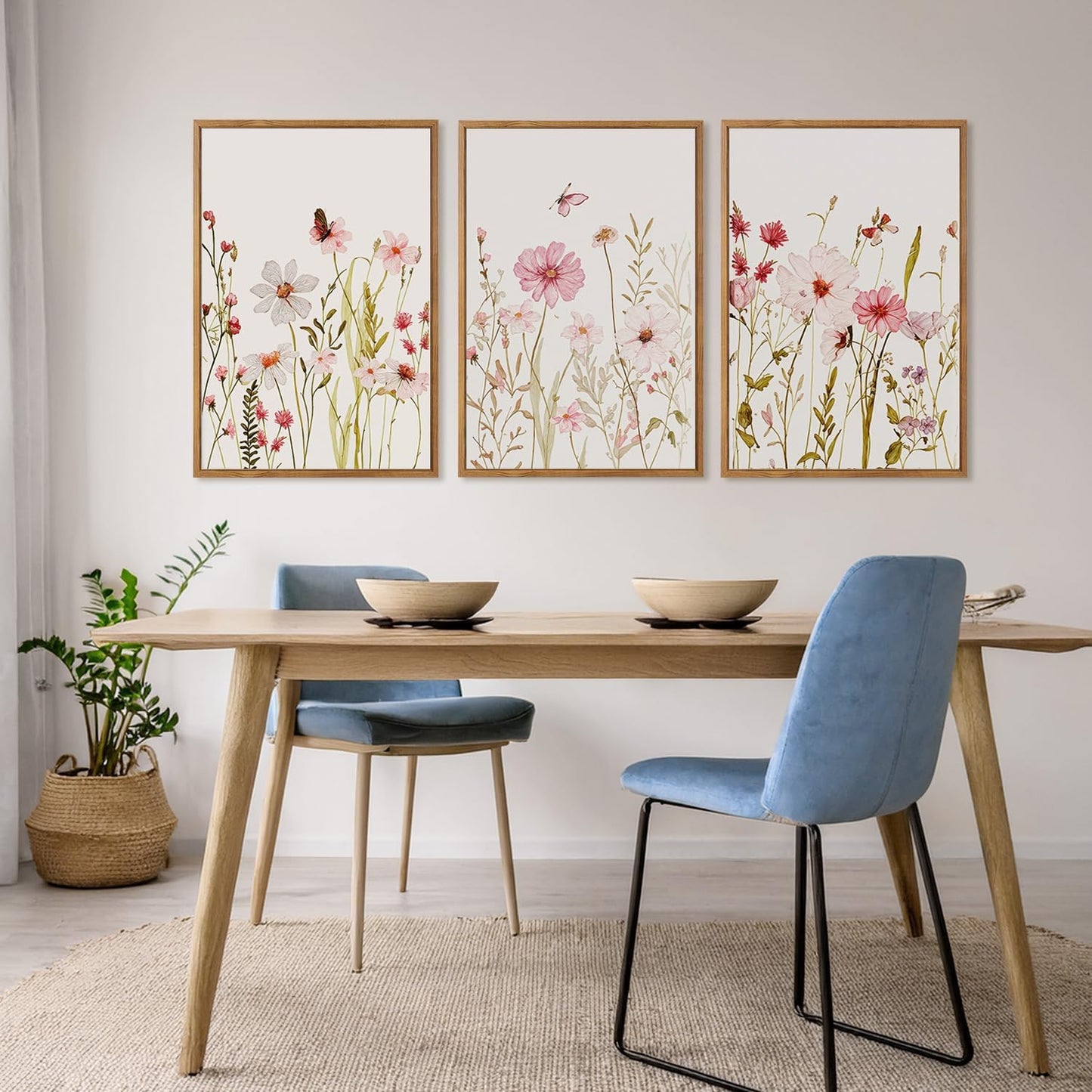 MTFBWY 3Pcs Framed Wildflower Canvas Wall Art – Pink Floral Wall Art Watercolor Prints, Pink Botanical Artwork, Colorful Flower Pictures Decor Printing for Living Room, Girls Bedroom, or Bathroom 16L" x 12W"