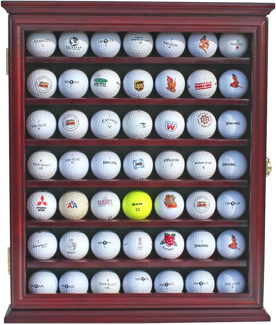 DisplayGifts 49 Golf Ball Display Case Cabinet Wall Rack Holder Solid Wood Frame with 98% UV Protection Lockable Real Glass Door, Great Golfer's Gift