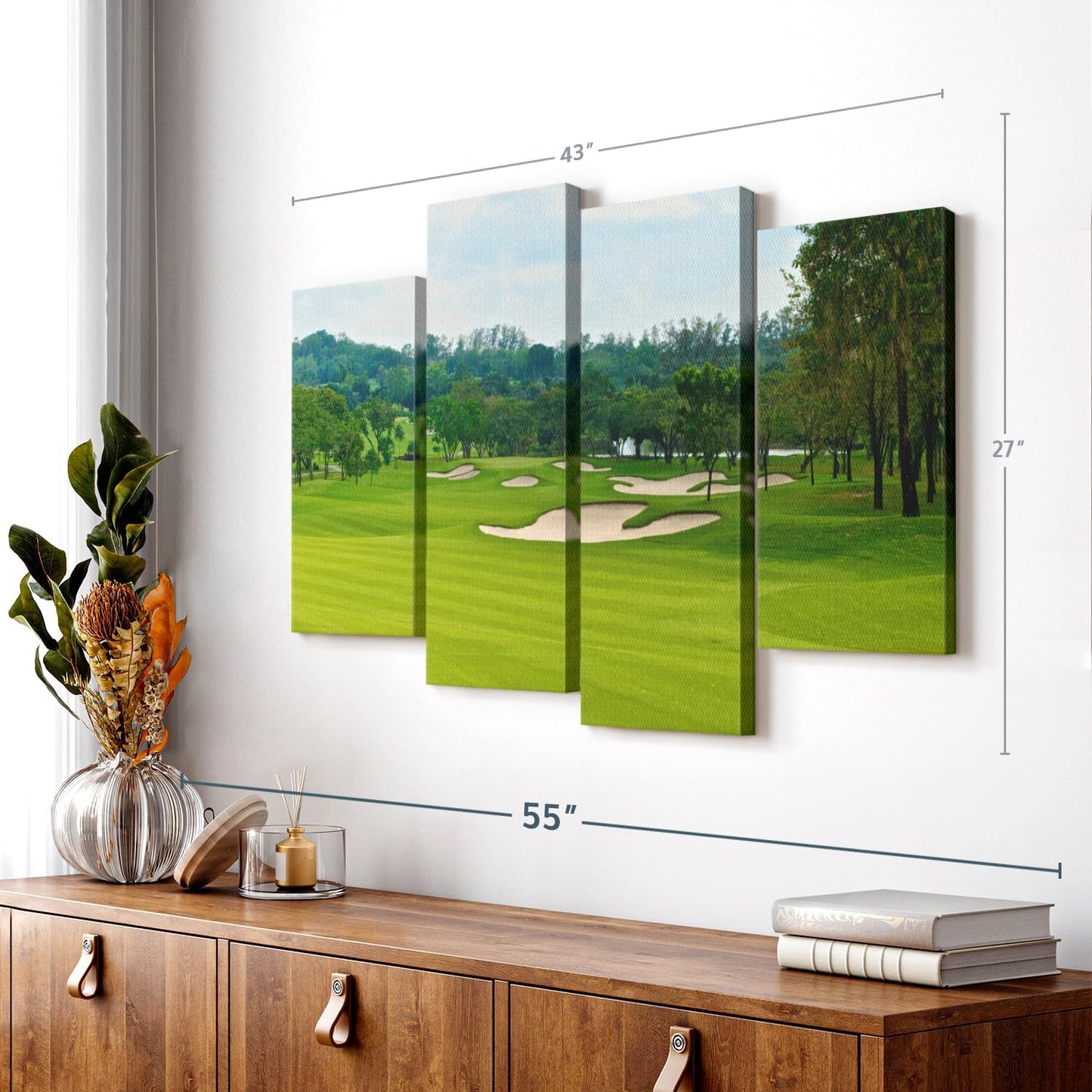 Elephant Stock Beautiful Golf Course Wall Art - Horizontal Canvas - 4-Piece Living Room Wall Decor - Tree Photography Canvas Print - Green and Blue Decor for Wall - 43" X 27"