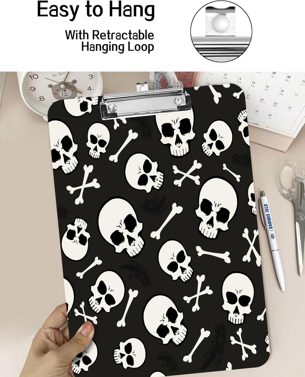 Fashion A4 Clipboard, Standard Letter Size 9" x 12.5", Decorative Wooden Clipboard with Low Profile Metal Clip for Office, School, Teachers, and Students, White Black Skull